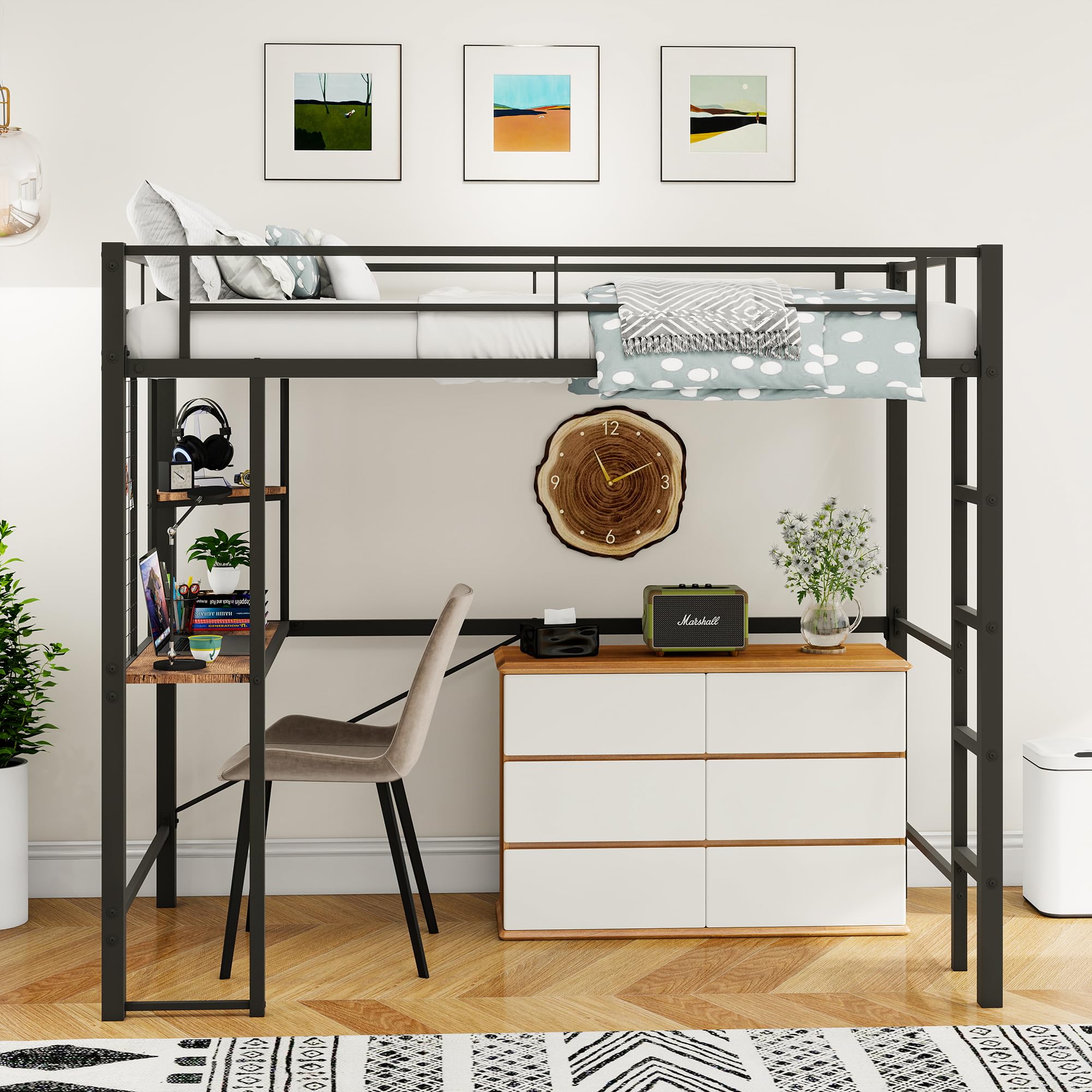 Twin Metal Loft Bed with Desk, Loft Bed Frame Twin Size with Shelves