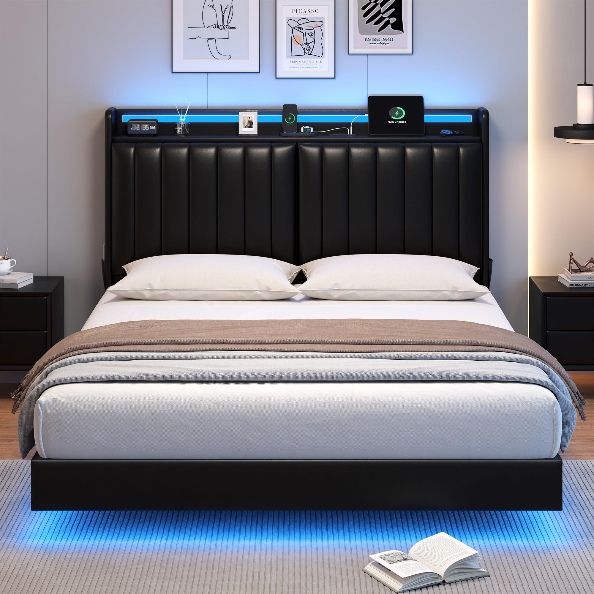 Full Size Floating Bed Frame with Ergonomic Hidden Storage Headboard and LED Lights