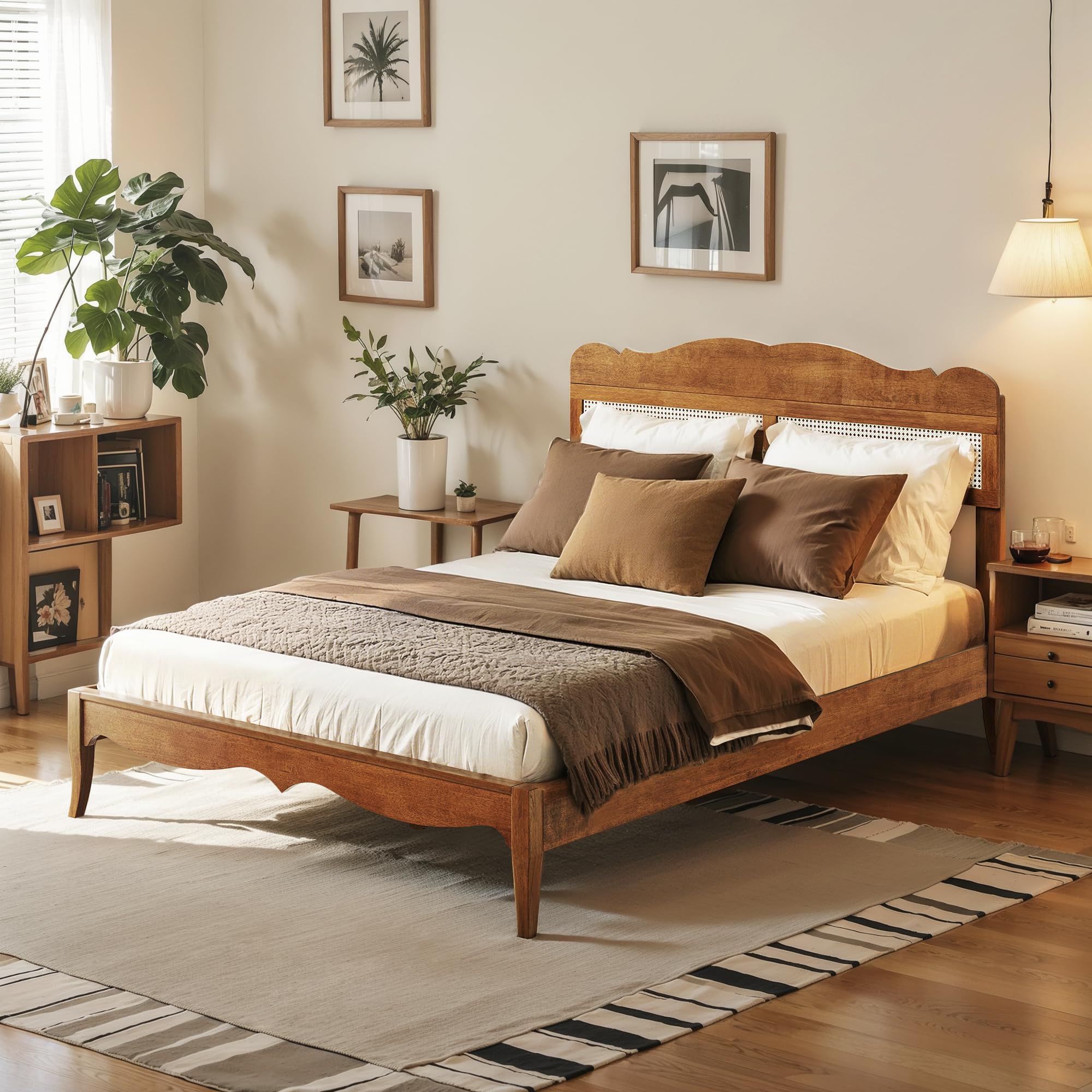 Wooden Bed Frame Queen Size - Solid Wood Bed with Woven Rattan Headboard