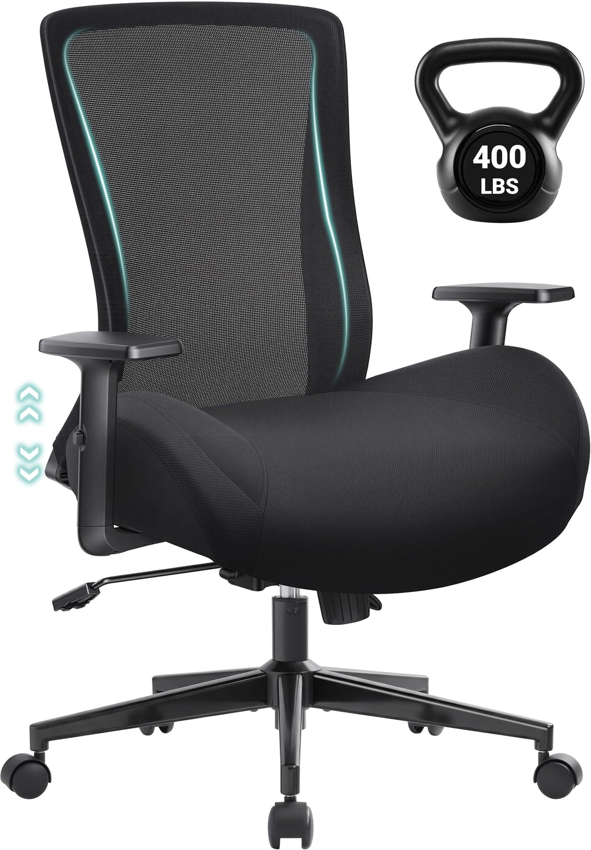 Big & Tall Ergonomic Mesh Office Chair – 400 lbs, 5.5" Cushion, Stepless Recline