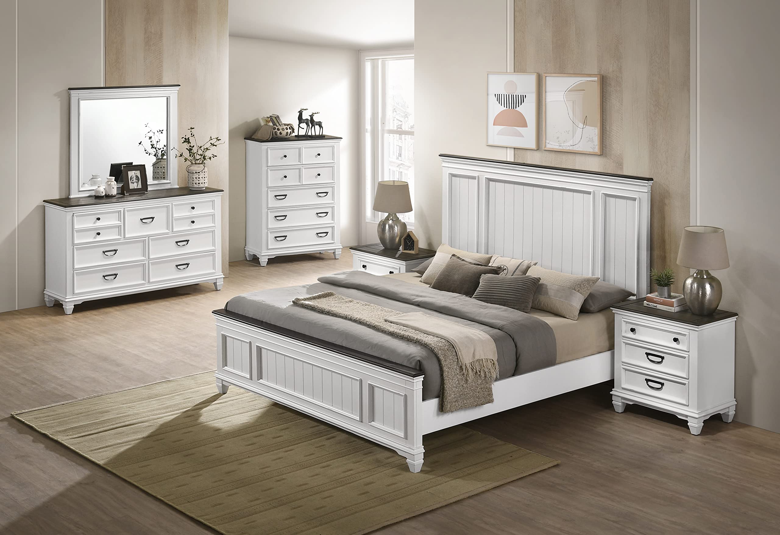 Clelane Wood Bedroom Set with Shiplap Panel Queen Bed, Dresser, Mirror