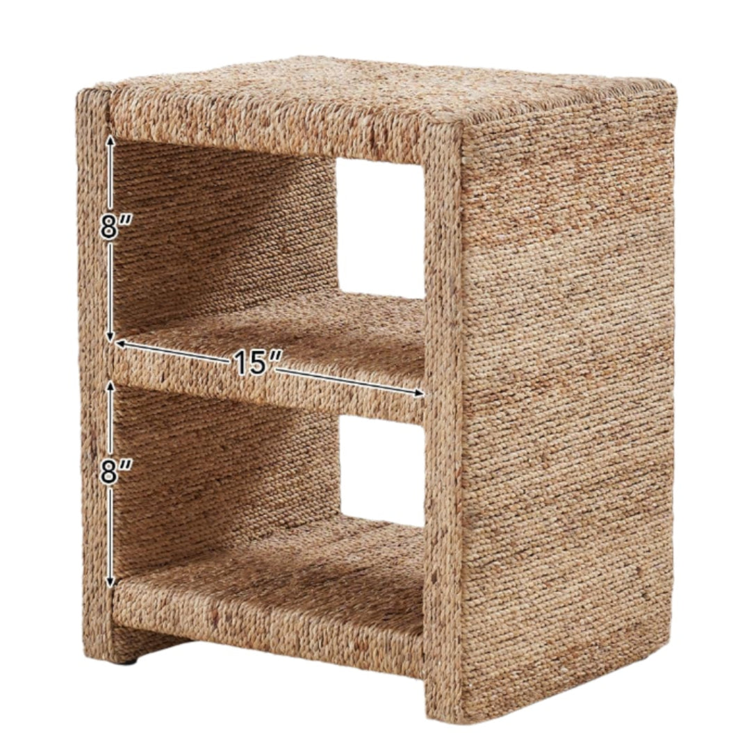 Rattan Nightstand with Two Open Shelves, Seagrass Side Table Coastal Style