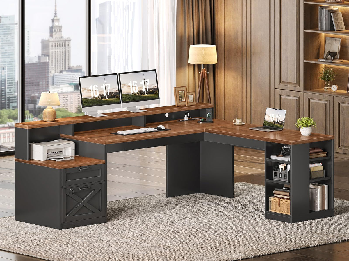 L-Shaped Desk with Lockable Drawers, Shelves, Power Strip & RGB LED
