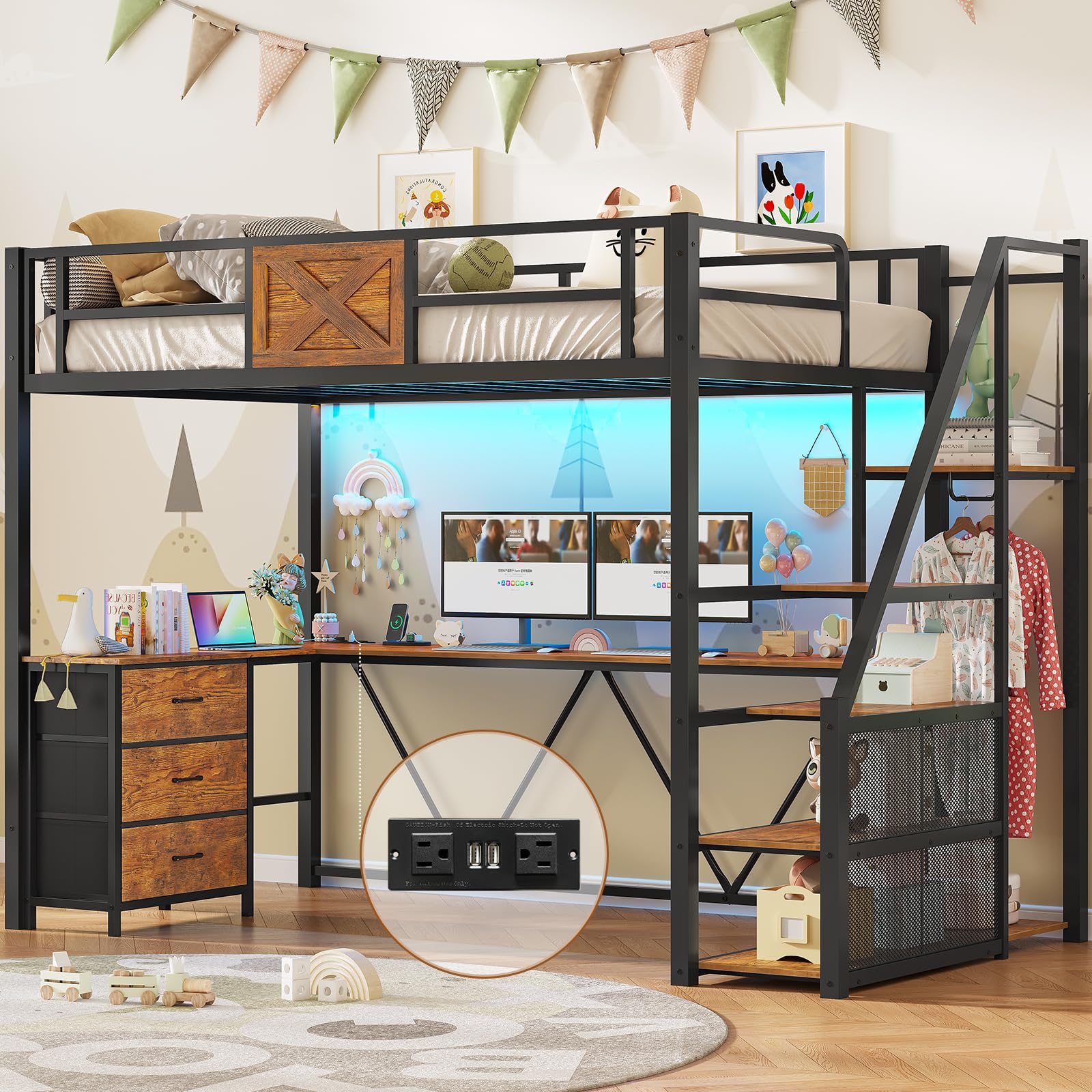 Twin Size Loft Bed with L Shaped Desk and Wardrobe