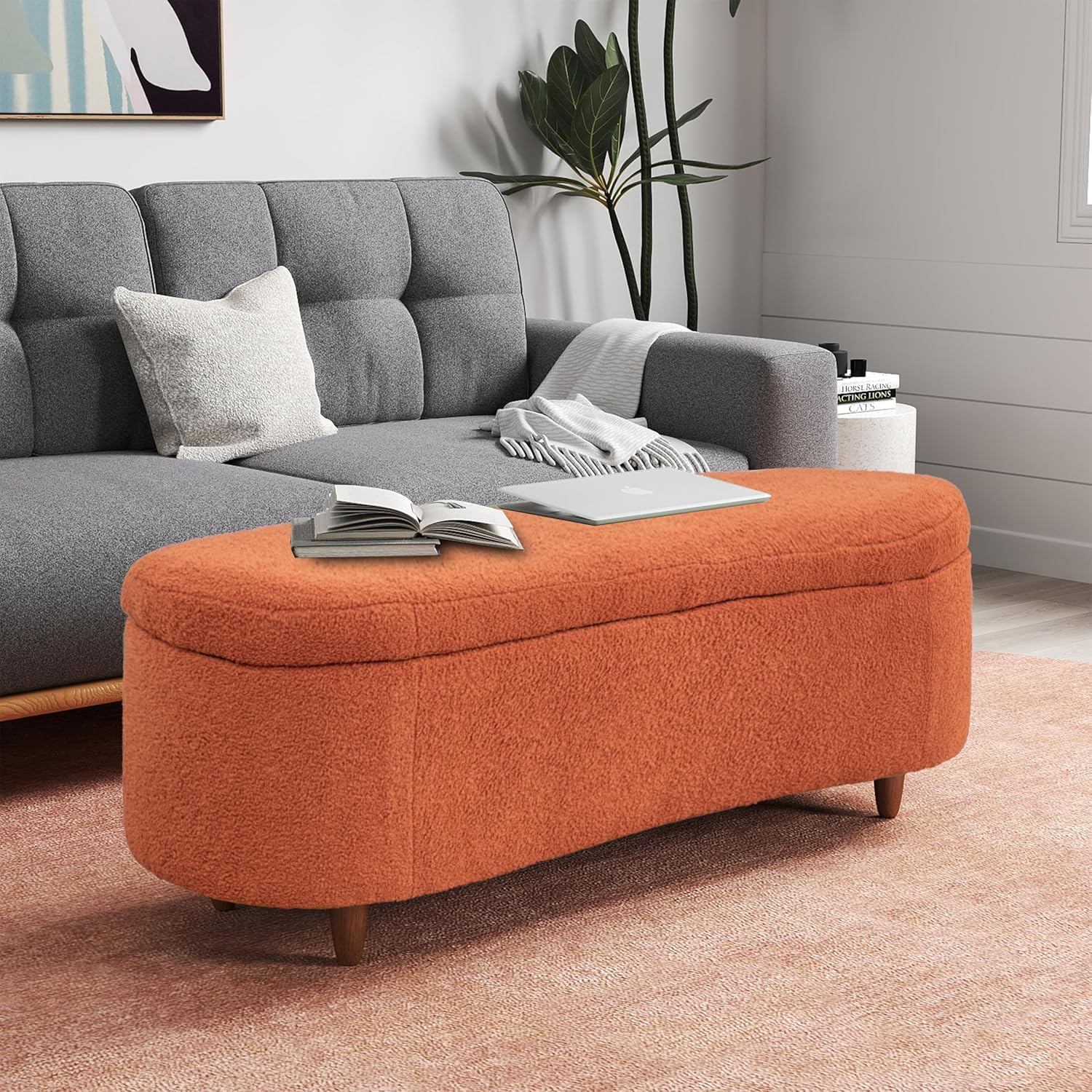" Storage Ottoman Bench, Upholstered Oval Entryway Bench with 4 Solid