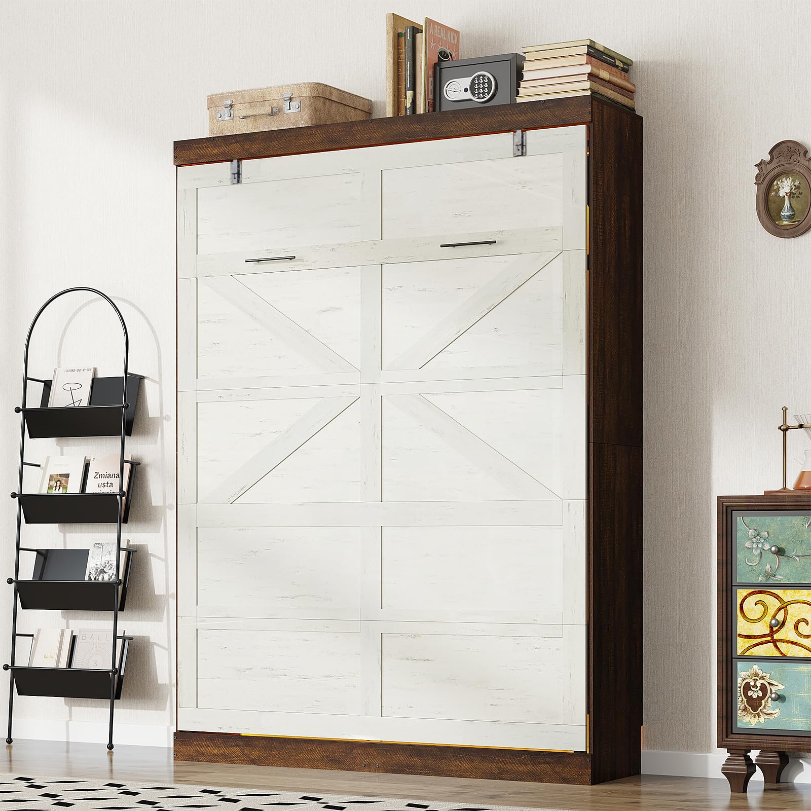 Queen Size Murphy Bed with 2 LED Lights, Farmhouse Wood Hidden Foldable