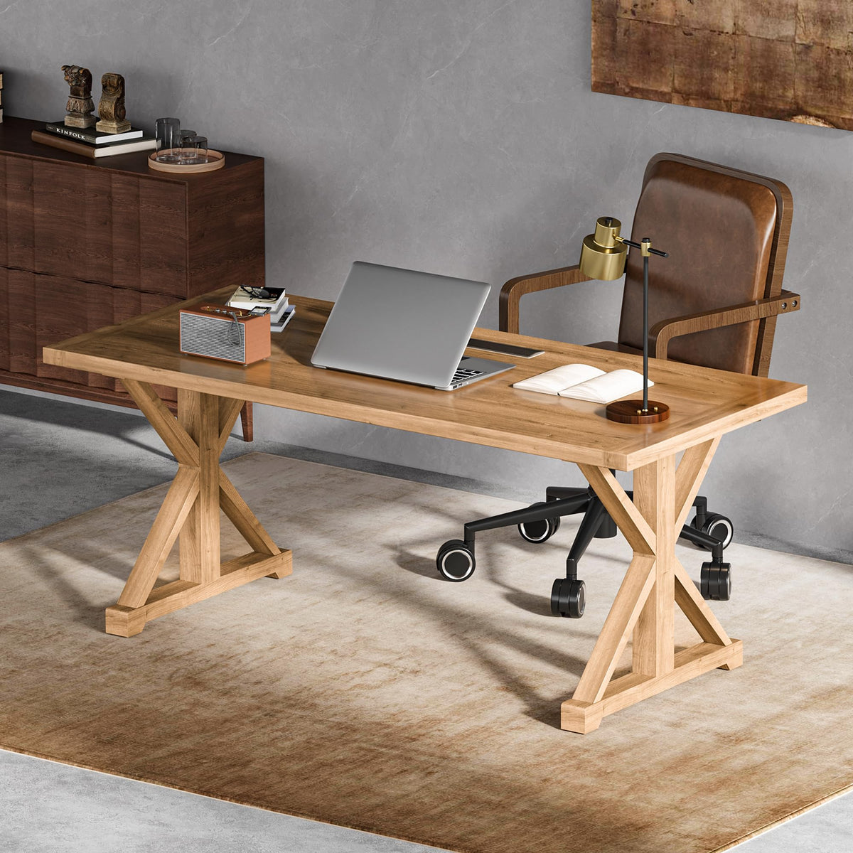 Solid Wood Rustic Desk with X-Trestle Base – 59" & 71" Sizes