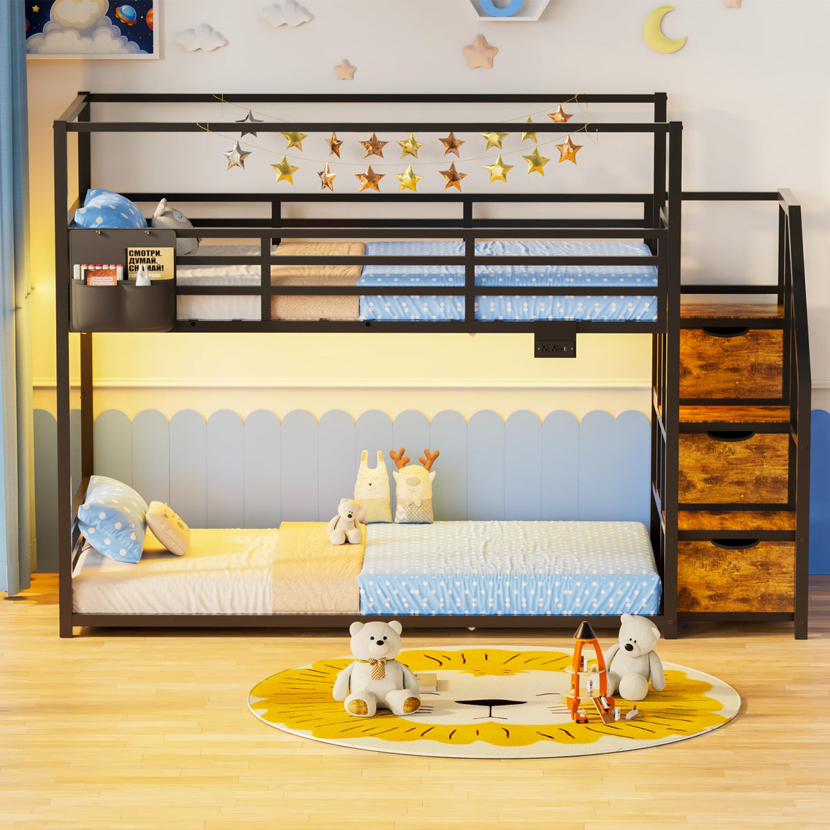 Twin Over Twin Bunk Bed with Storage, LED Lights & Guardrails