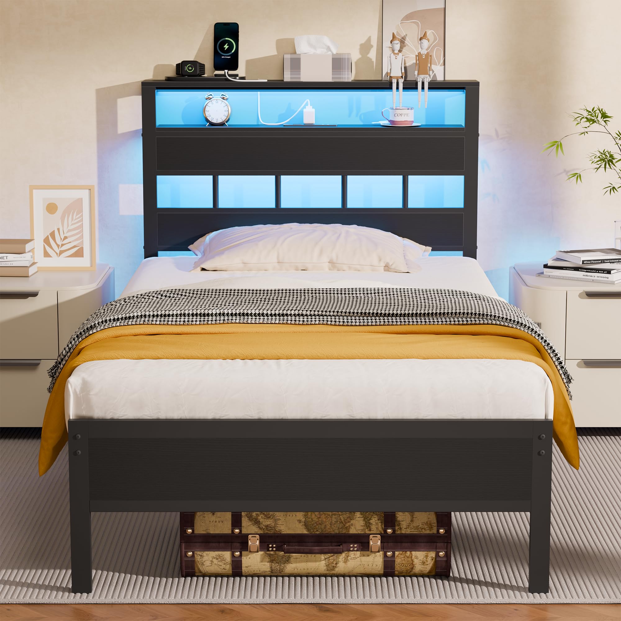 Furnulem Twin Bed Frames with Charging Station and LED Lights