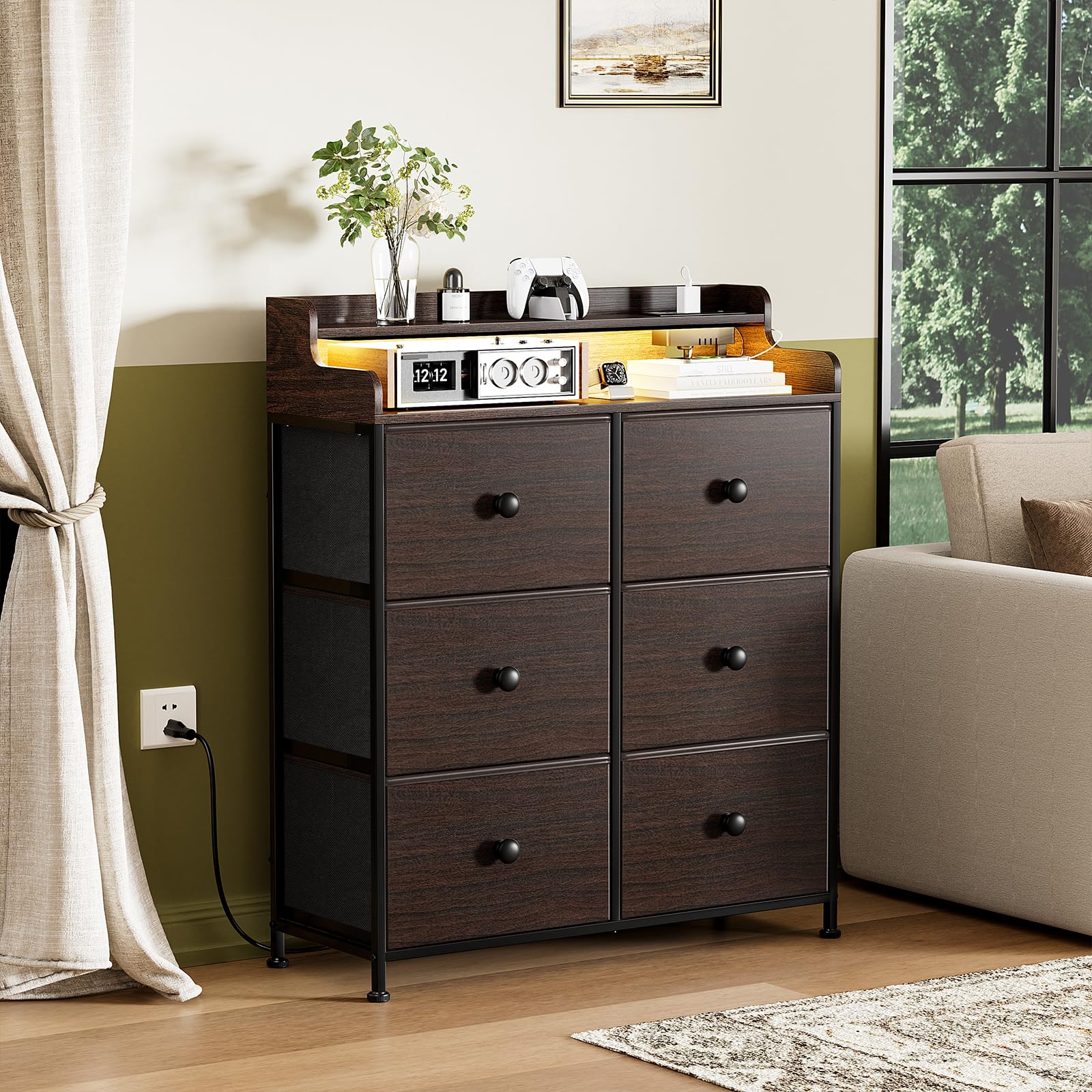 Dresser for Bedroom with Charging Station and LED Lights, 6 Drawers Dresser TV Stand