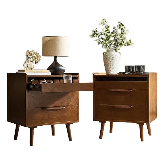 Nightstand with Charging Station, Mid-Century Modern 2 Drawer and Open