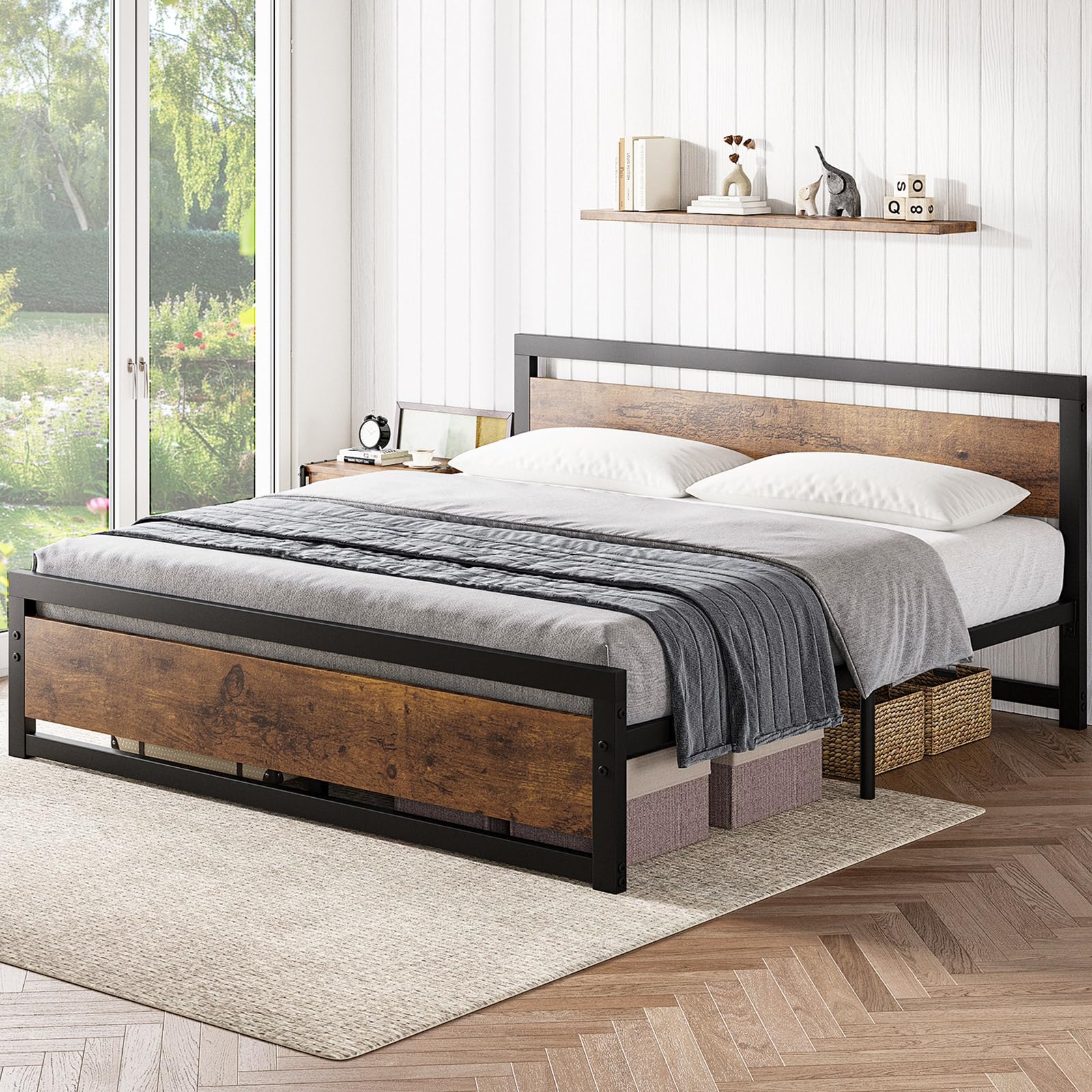 King Size Bed Frame, Industrial King Bed Platform with Headboard
