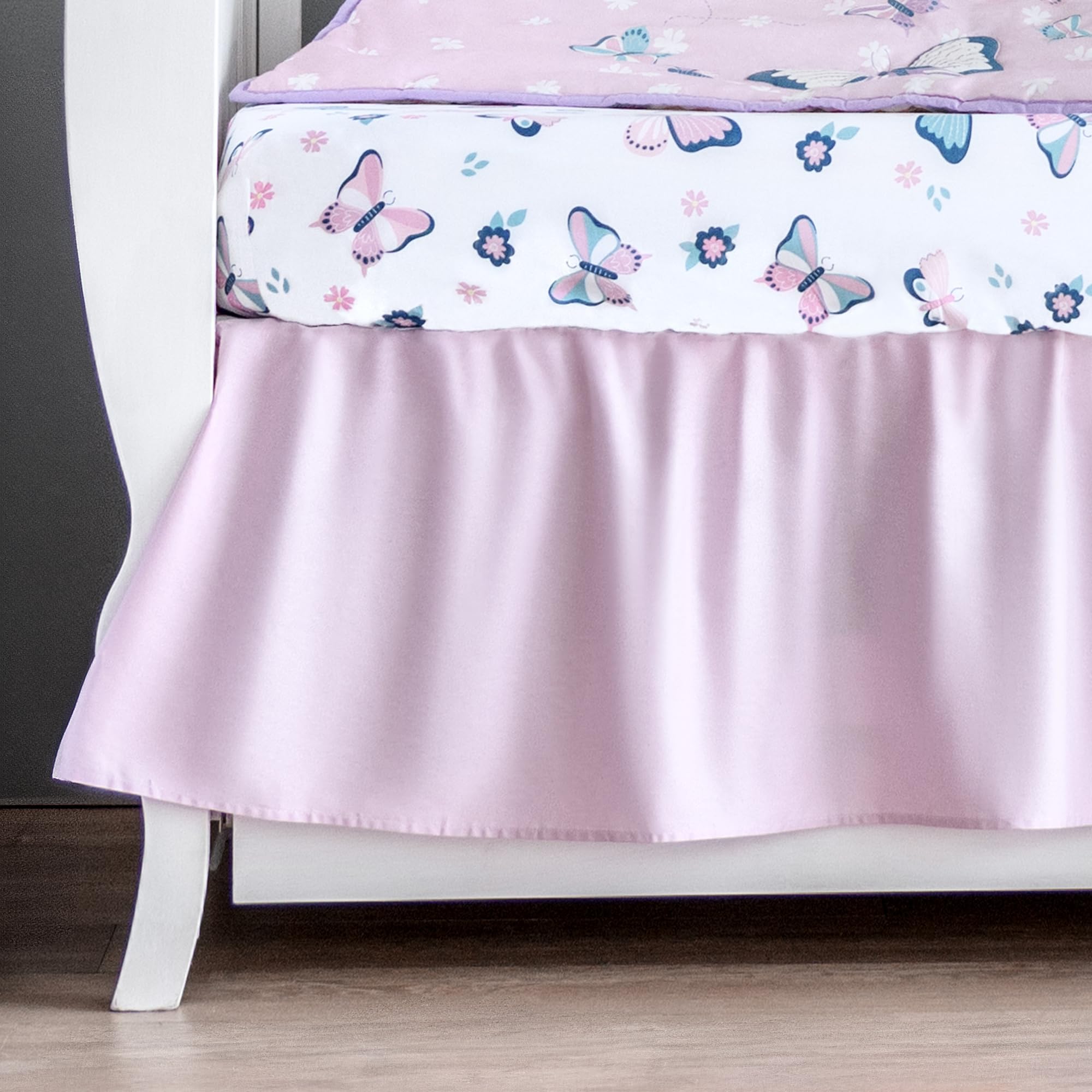 MY LITTLE ZONE Butterfly Crib Bedding Set for Girls - 5 Pieces Including Baby Girl Blanket, 2 Crib Sheets, Crib Skirt, and Purple Butterfly Wall Sticker - White & Pink - Butterfly Nursery Decor
