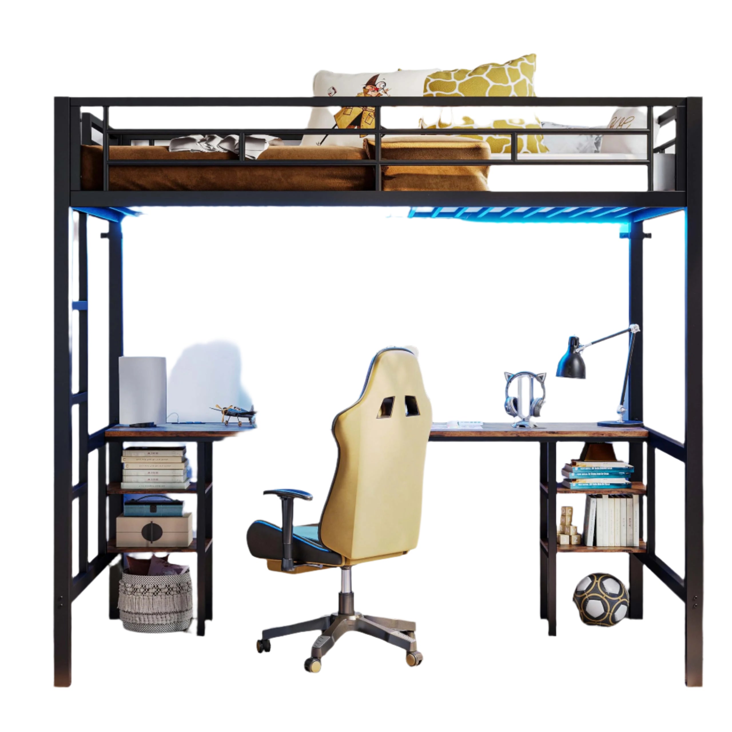 Loft Bed Twin Size with Desk and 4 Storage Shelves, Metal Loft