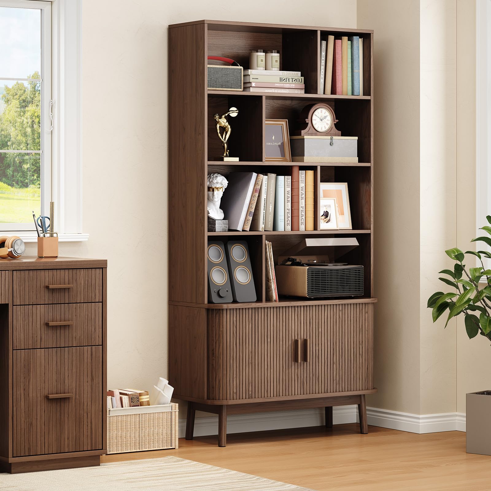 8-Cube Bookshelf with Sliding Door Cabinet, 71" Tall