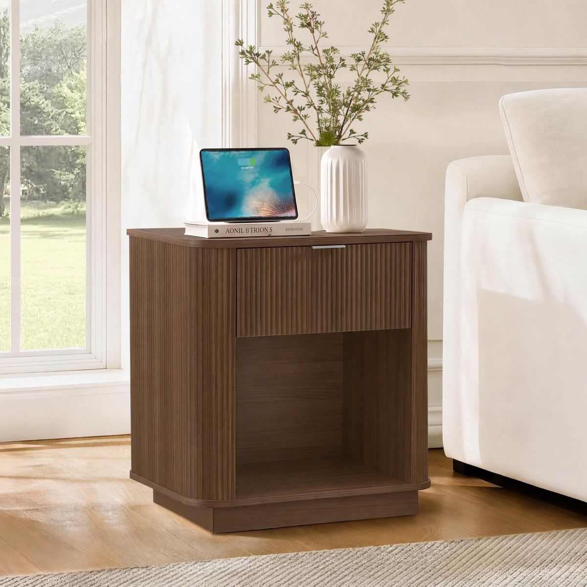 Fluted Nightstand Set of 2 with Charging Station & Drawers