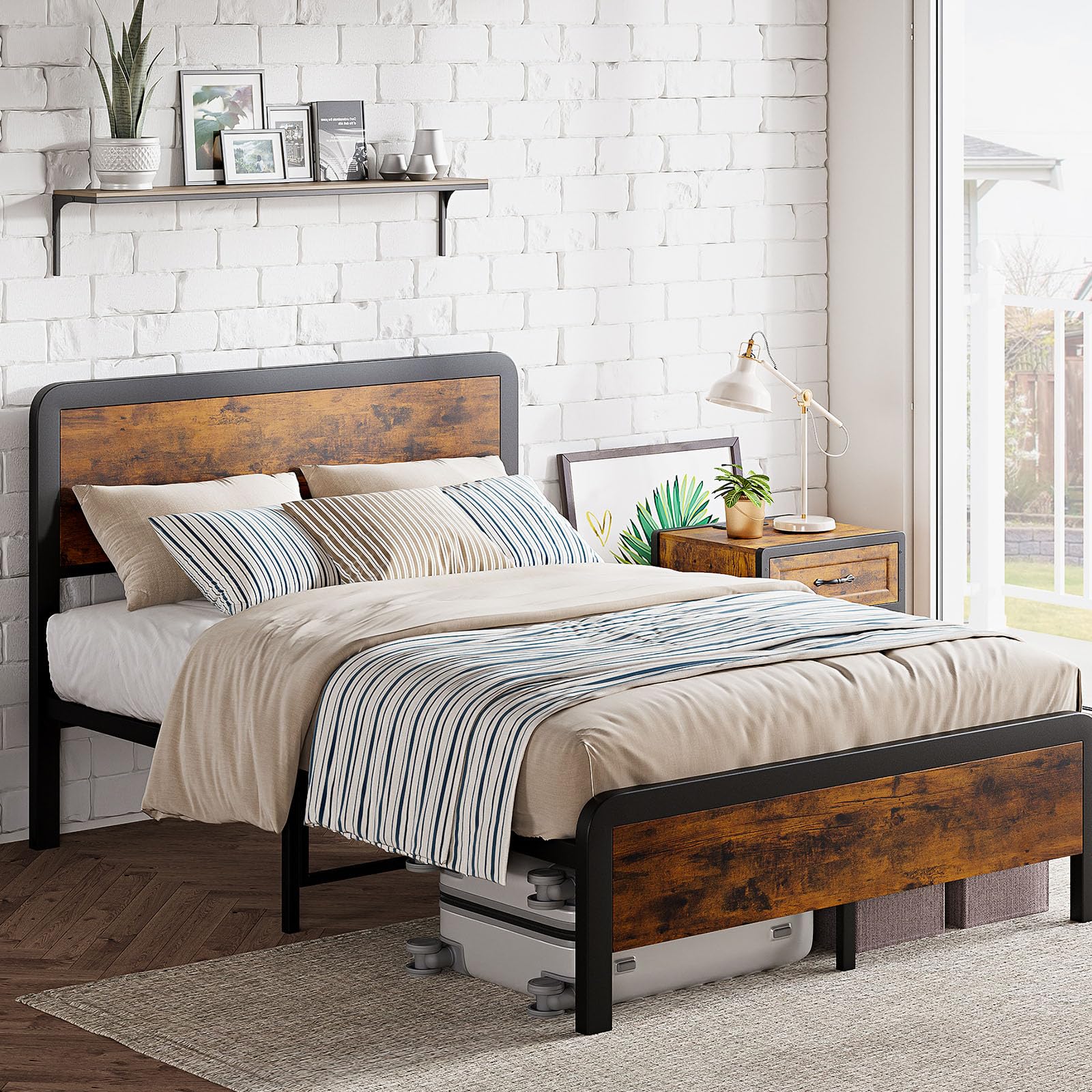 Full Size Bed Frame with Headboard Wood, Rustic Farmhouse Metal Bed Frames