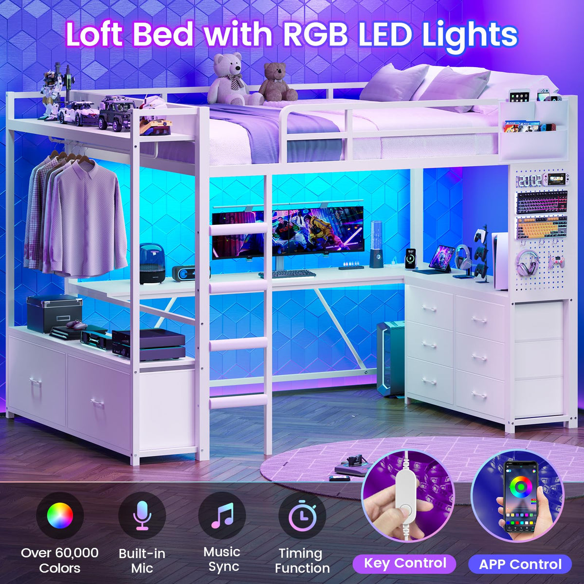 Twin Loft Bed with L-Shaped Desk & 8 Storage Drawers