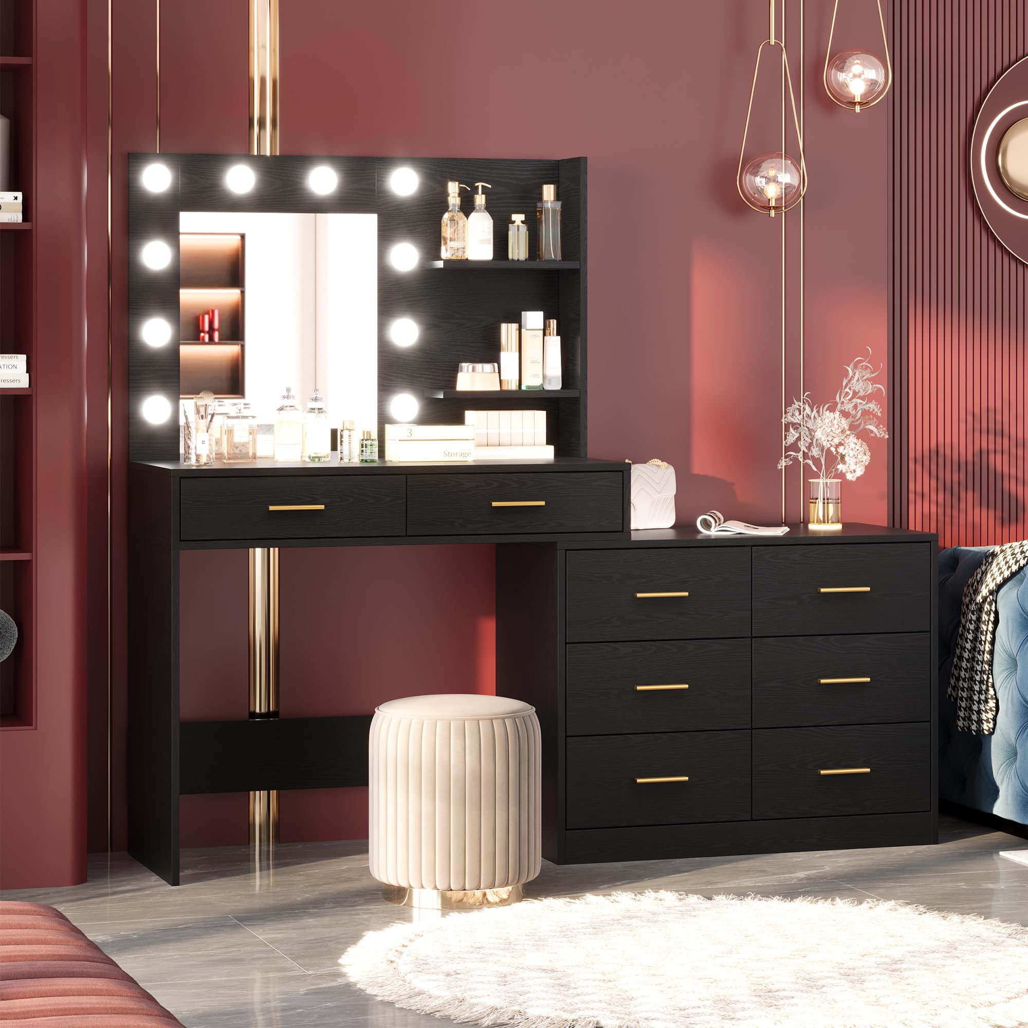 Vanity Desk with Mirror and Lights, Black Vanity with 8 Wide Storage Drawers