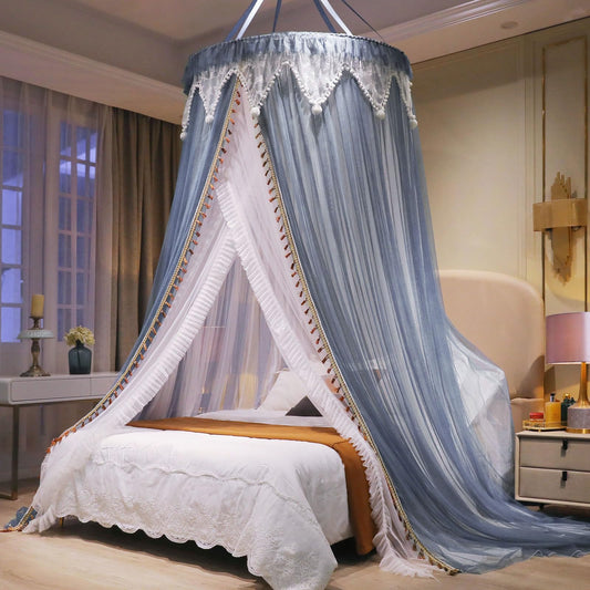 AIKASY Girls and Adults Canopy Bed, Elegant Double-Layer Bed Curtain, Children's Dream Round Lace Mosquito Net, Princess Canopy Net - Fits Twin, Full, Queen, and King Beds (White/Blue)