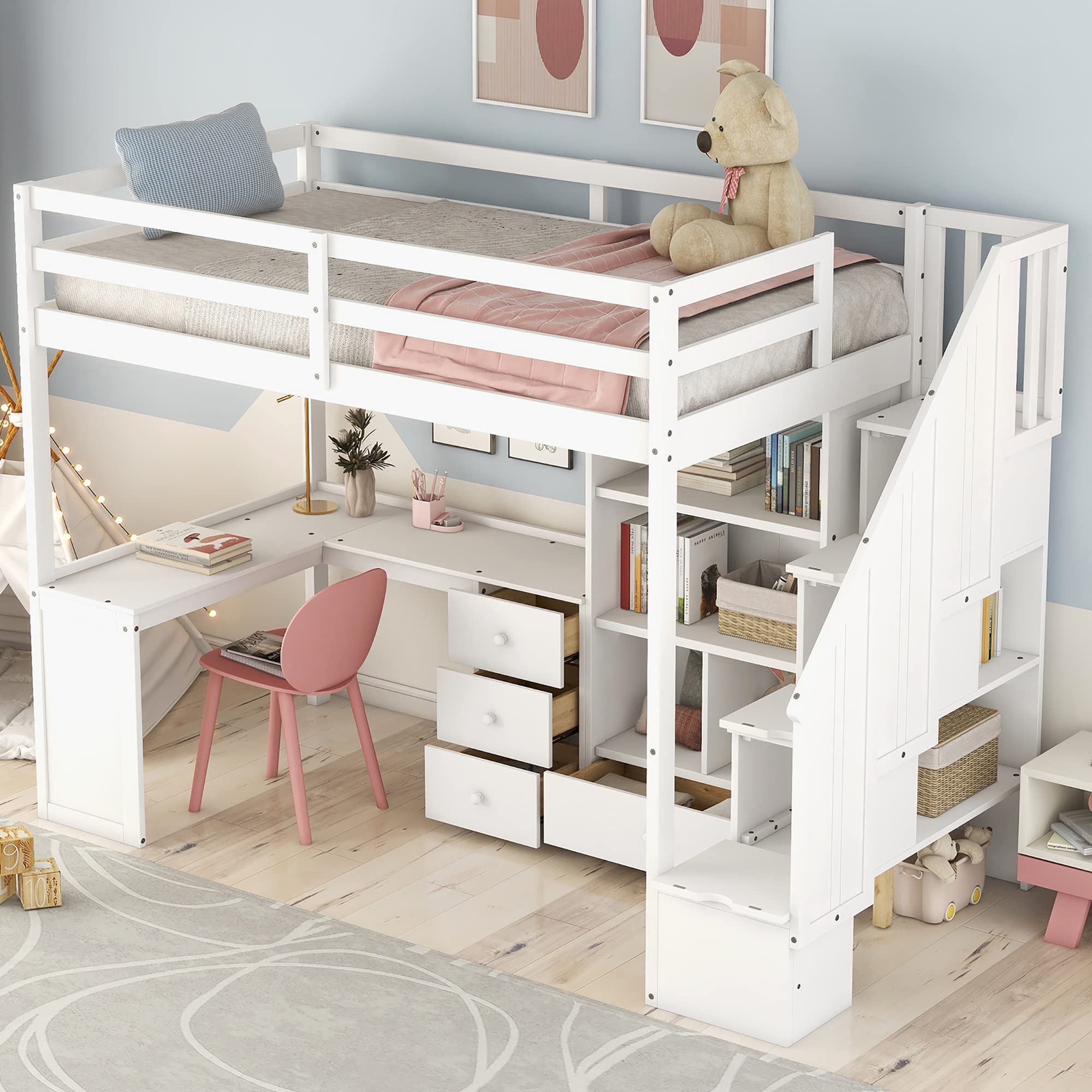 Twin Size Loft Bed with Desk and Drawers, Solid Wood Loft Bed Frame
