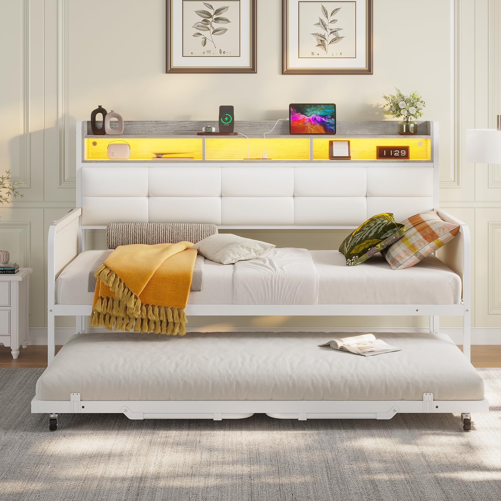 Daybed with Trundle, Twin Day Bed with Upholstered Headboard