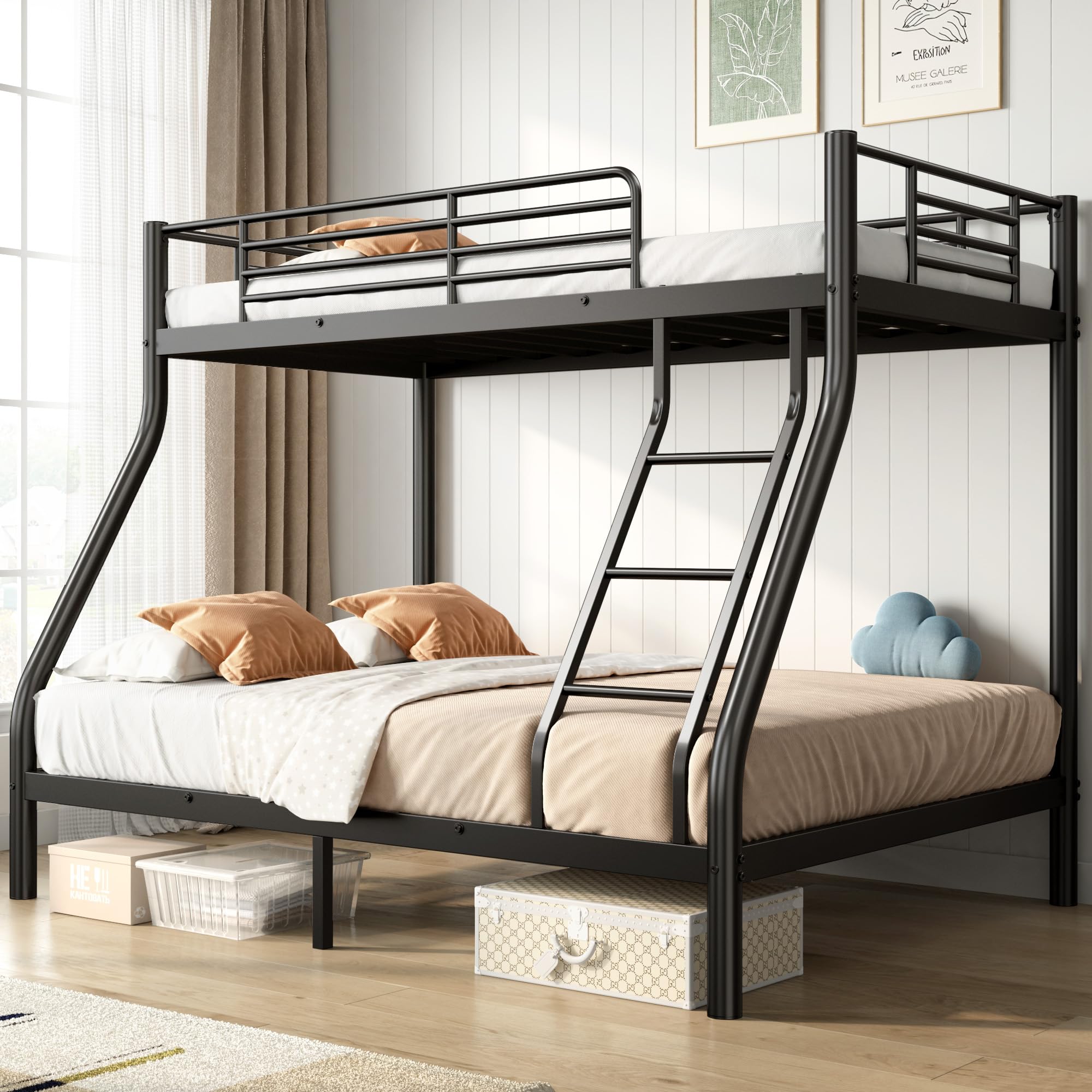 Full Bunk Bed, Metal Bunk Beds Twin Over Full Size with Safety Ladder