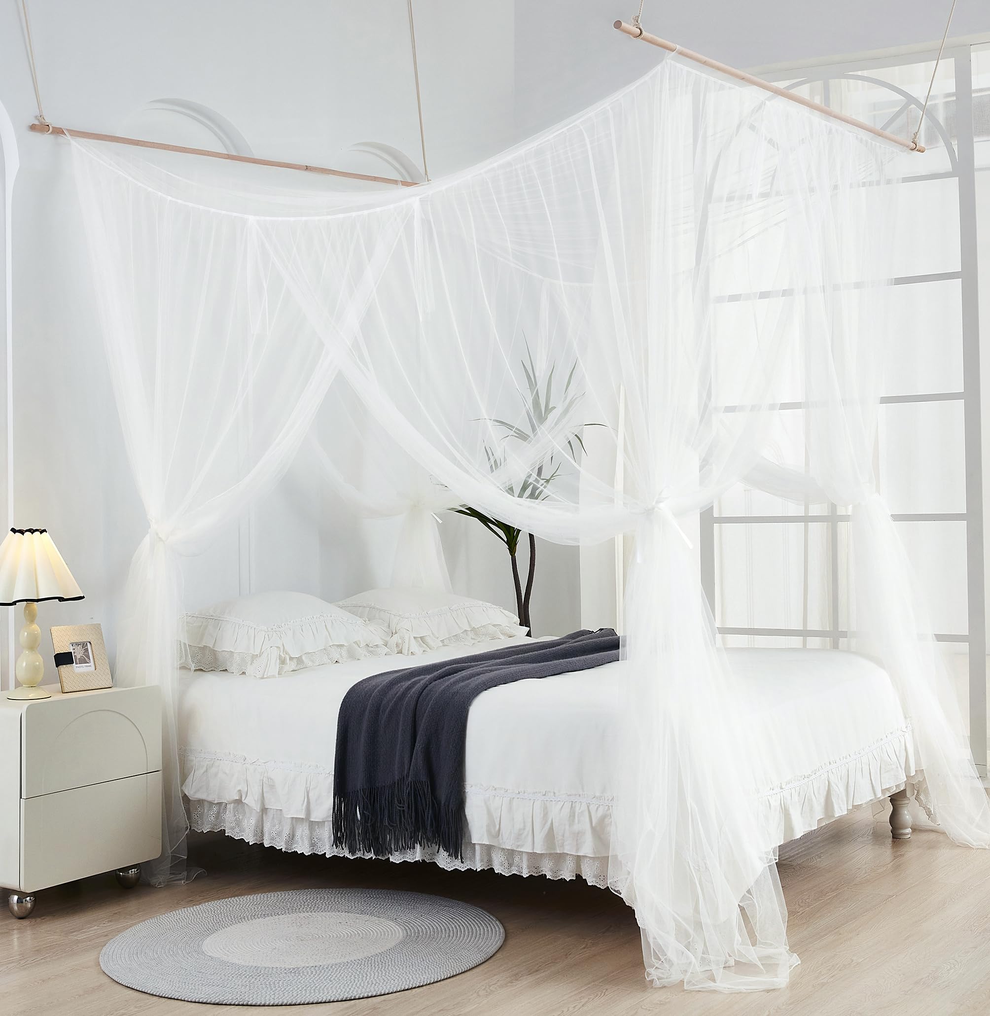 Bed Canopy with Wooden Frame,Canopy Bed Curtains Bed Drapes for Full Queen