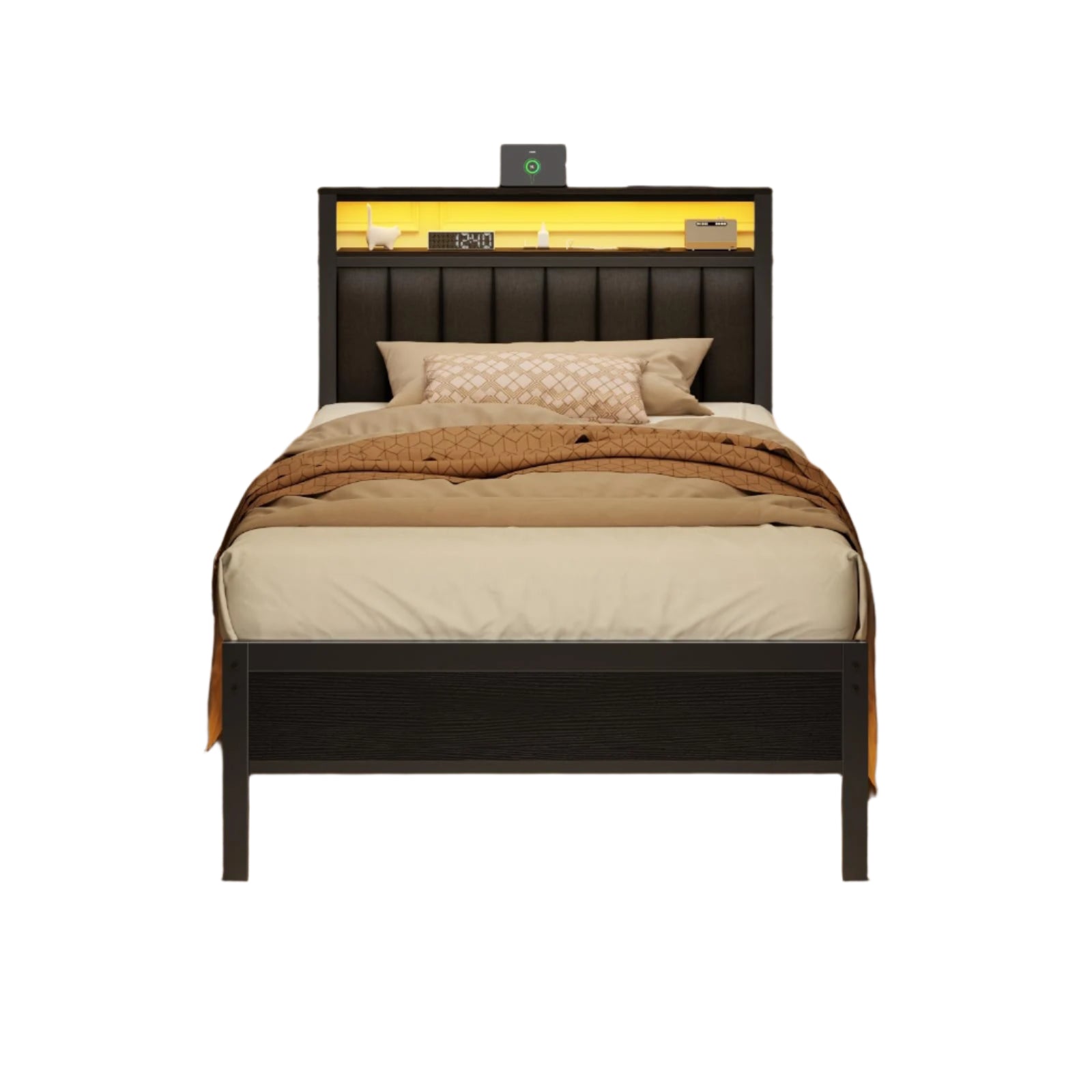 Twin Size Bed Frame with Charging Station and LED Lights