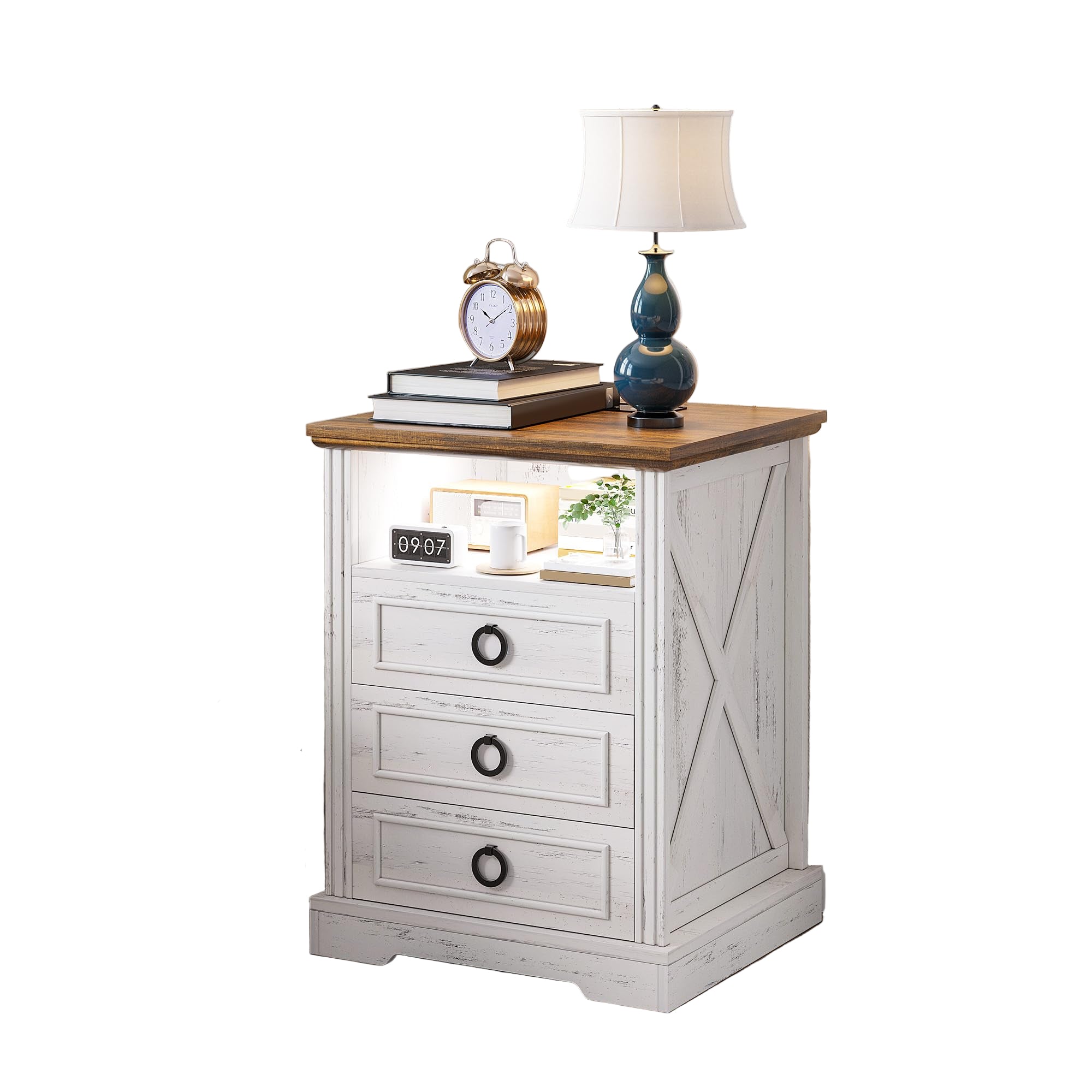 Nightstand Set 2 with Charging Station, Farmhouse End Side Table
