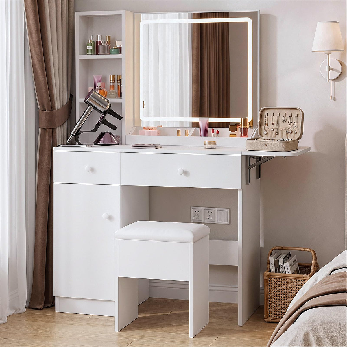 Vanity Desk Set with LED Mirror and Stool