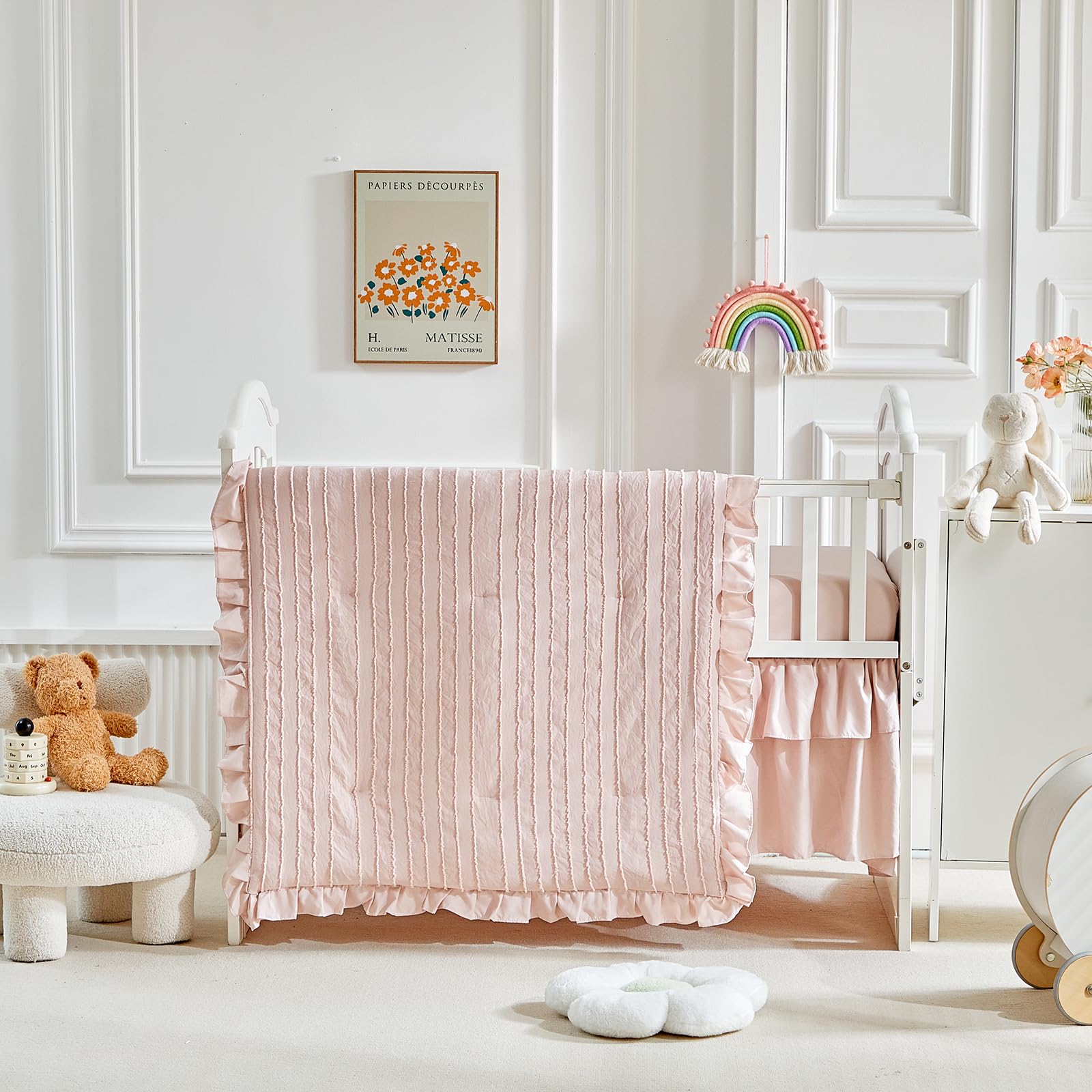 Stripes Crib Bedding Set with Ruffle Fringe, Pink Ruffled Comforter