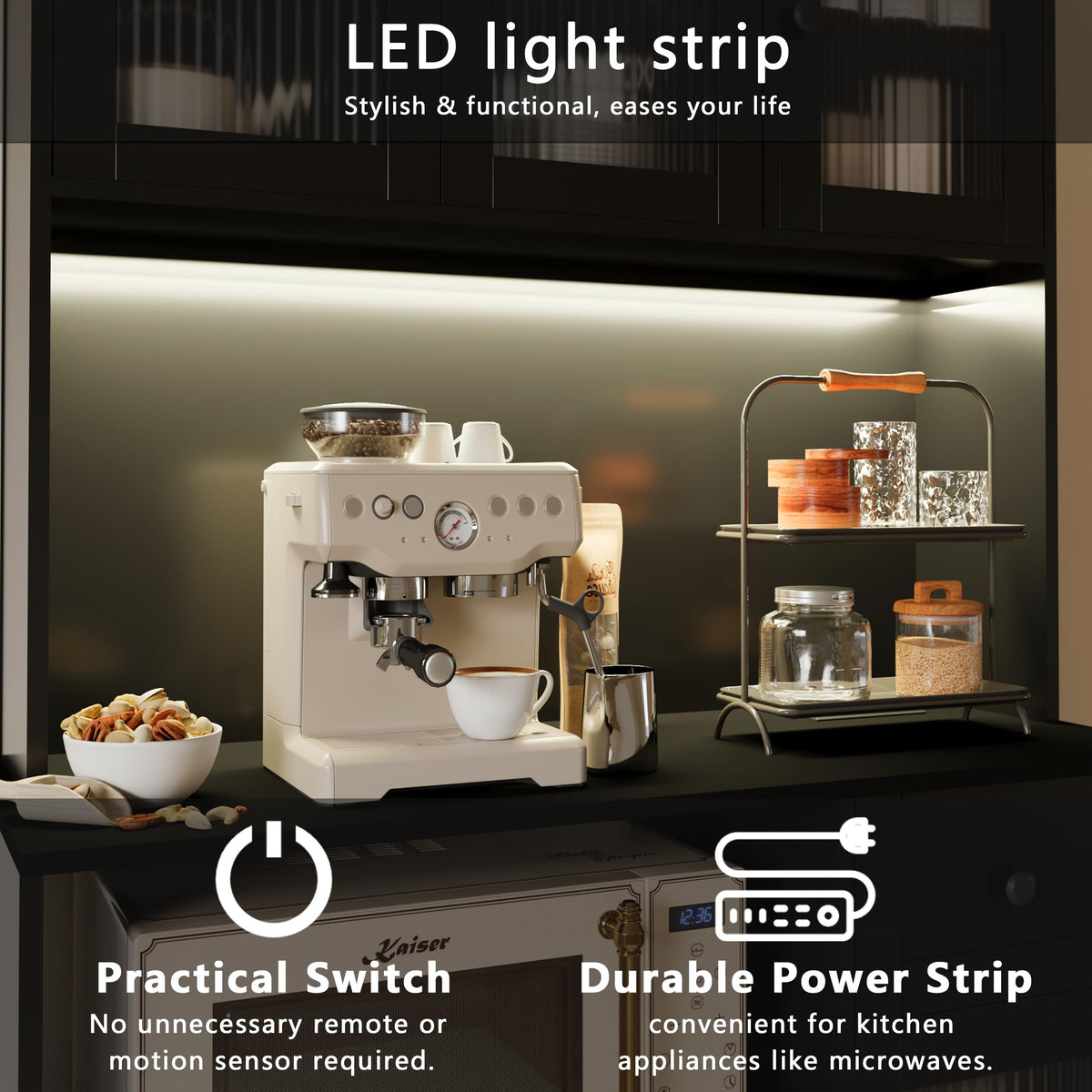 Kitchen Hutch Cabinet with LED Lighting & Microwave Shelf