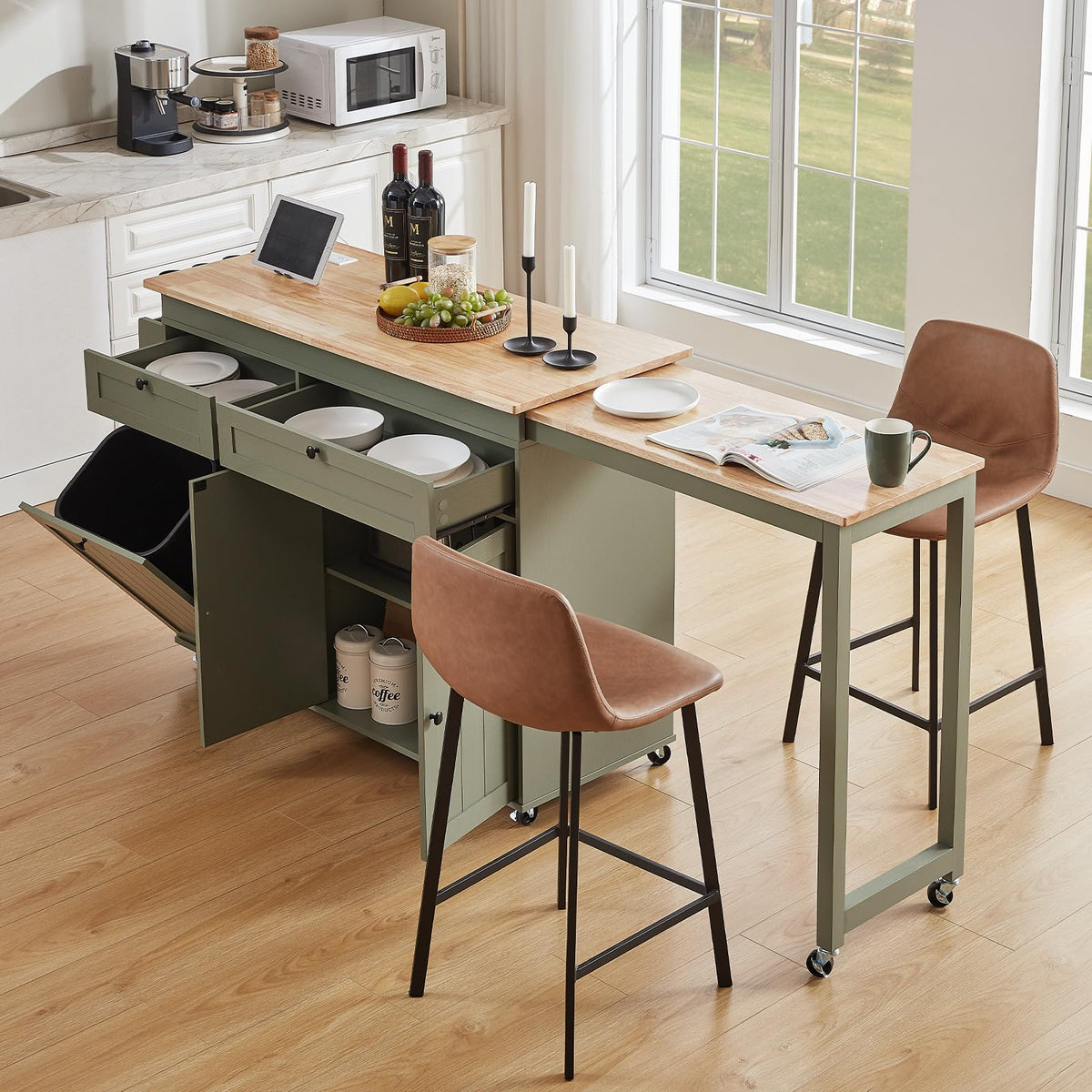 Expandable Kitchen Island with Dining Table & Storage