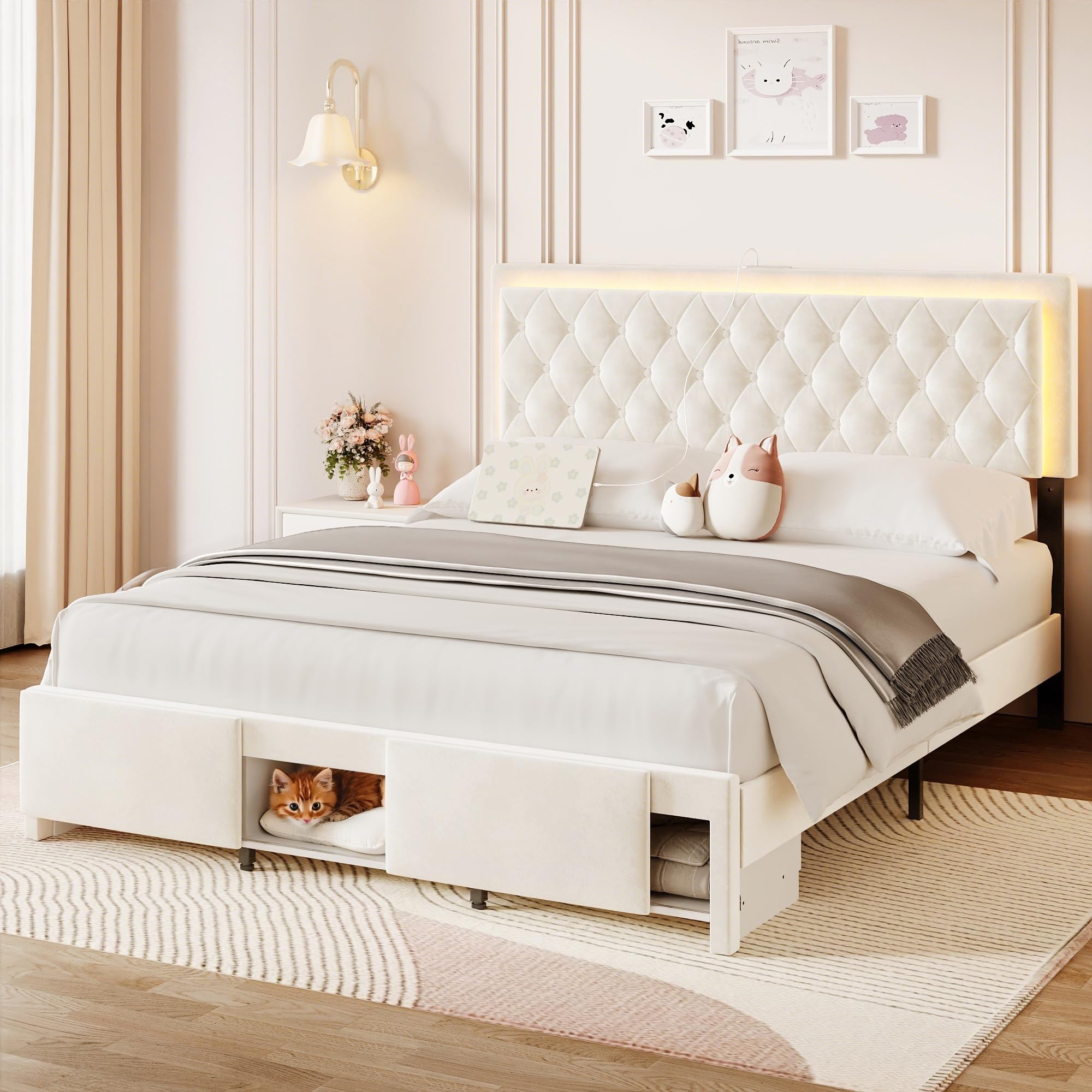 Queen Size Bed Frame with Storage, LED Bed Frame Queen with Adjustable Headboard