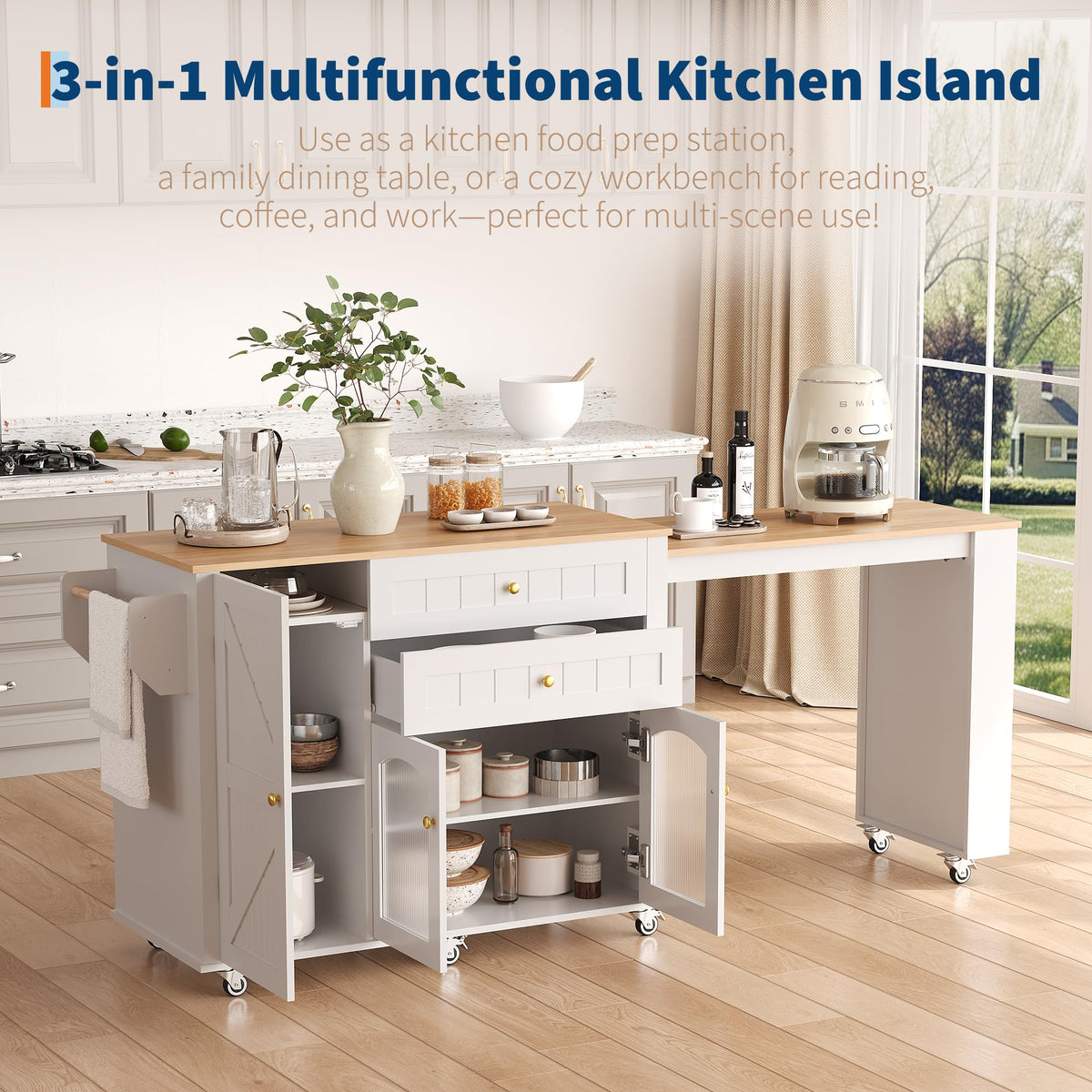 Rolling Kitchen Island with Extendable Table, Storage Cabinets & Drawers