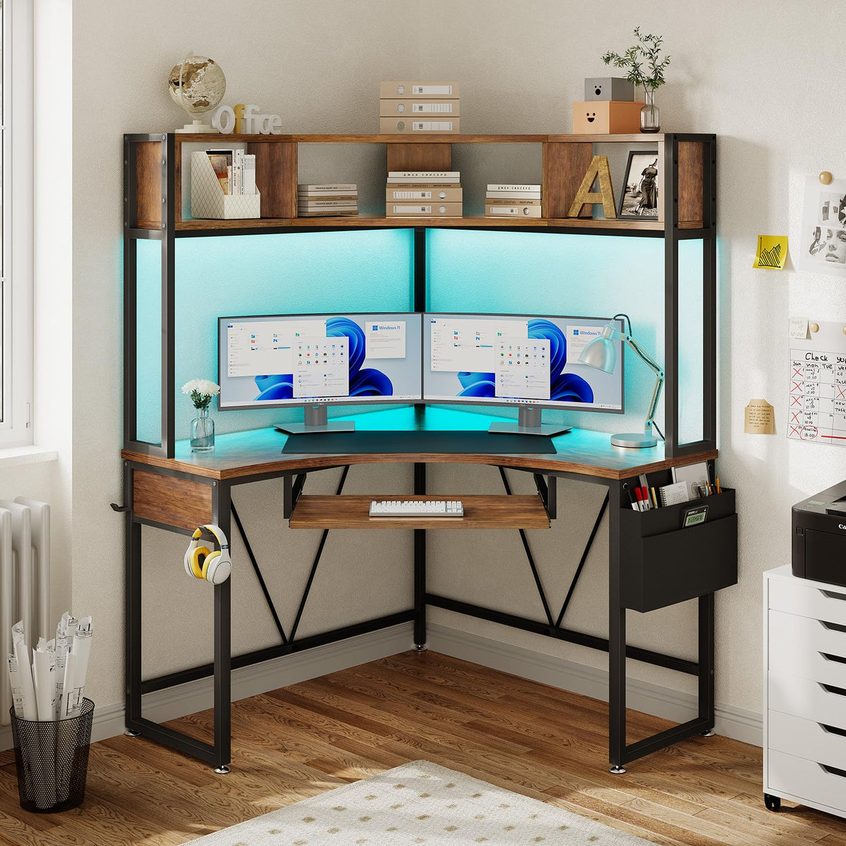 Corner Desk with Hutch & RGB Lighting, Keyboard Tray, Storage Shelves