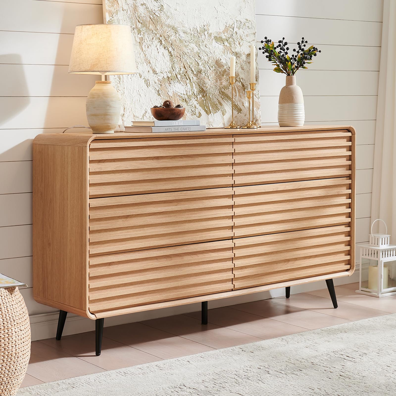 Fluted 6 Drawers Dresser for Bedroom, 54" Wide Modern Chest of Drawers