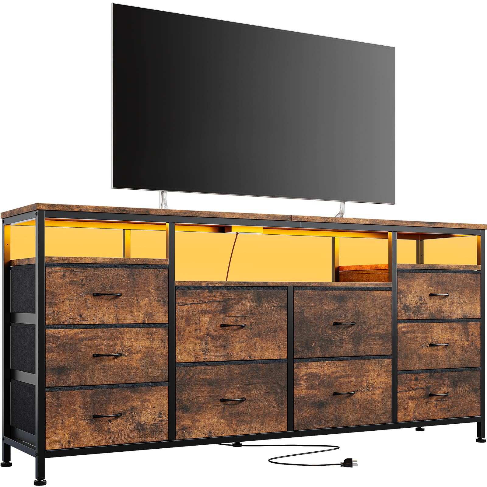 63.3 Inch Dresser for Bedroom, 10 Drawer Dresser TV Stand for 65 70 75 Inch TV, Fabric Chest of Drawers with LED Lights & Power Outlets, Long Entertainment Center for Closet, Living Room, Entryway