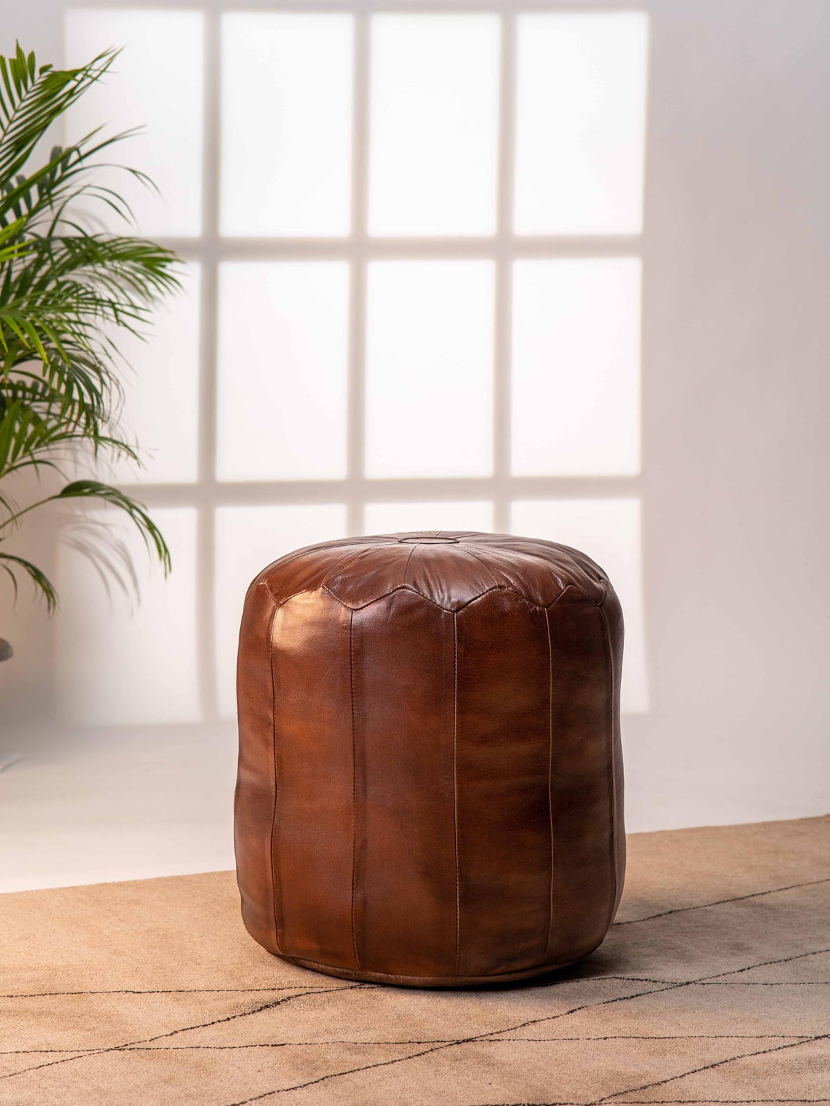 Round Leather Pouf Ottoman – Brown