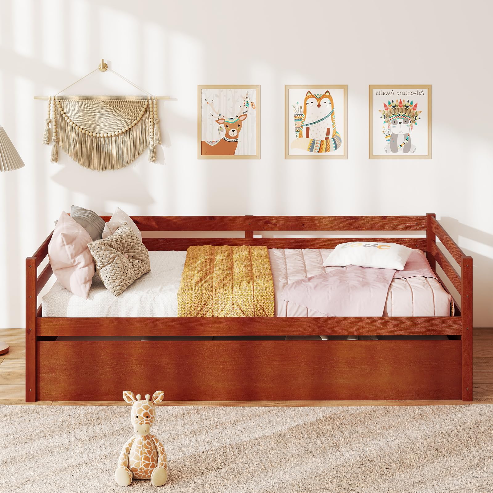 Twin Bed with Trundle, Wood Daybed Frame with Trundle