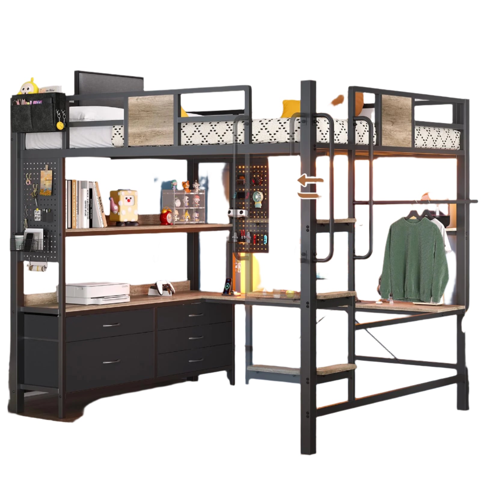 Loft Bed with Desk and 5 Storage Drawers, Loft Bed Full Size
