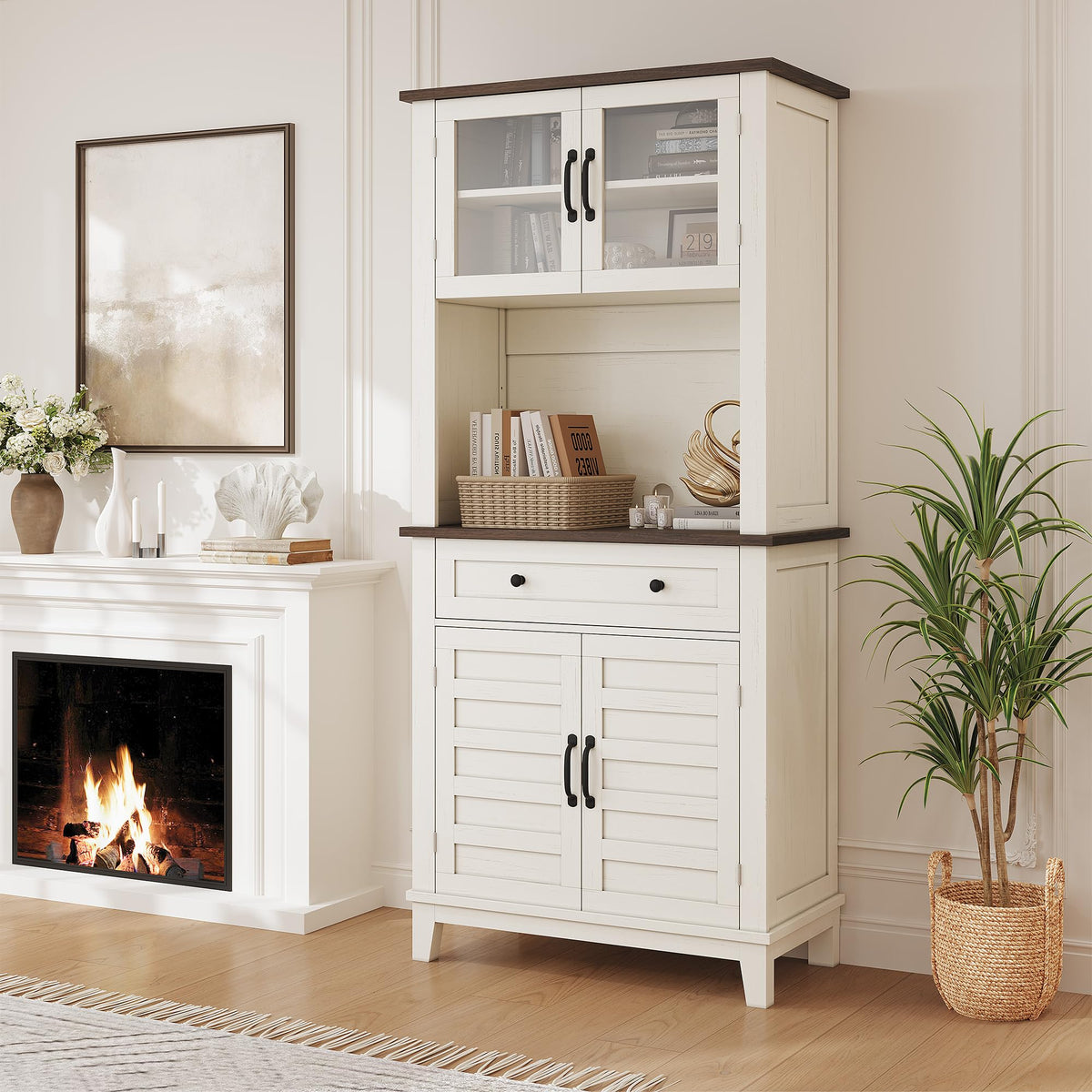 Tall Farmhouse Coffee Bar Cabinet with Glass Doors & Drawer
