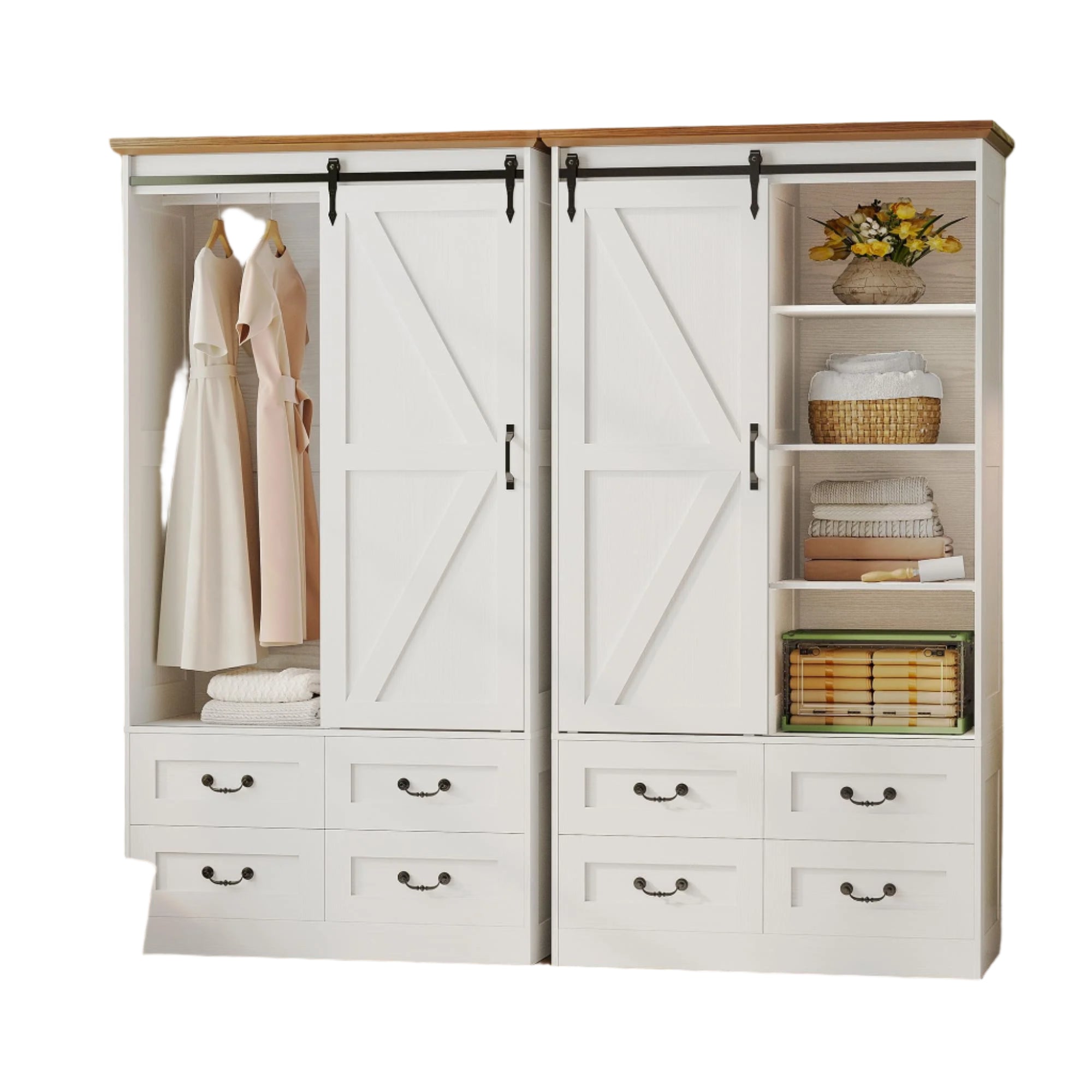 Wardrobe Closet with 4 Drawers,71" Wardrobe Cabinet with Sliding Barn Doors