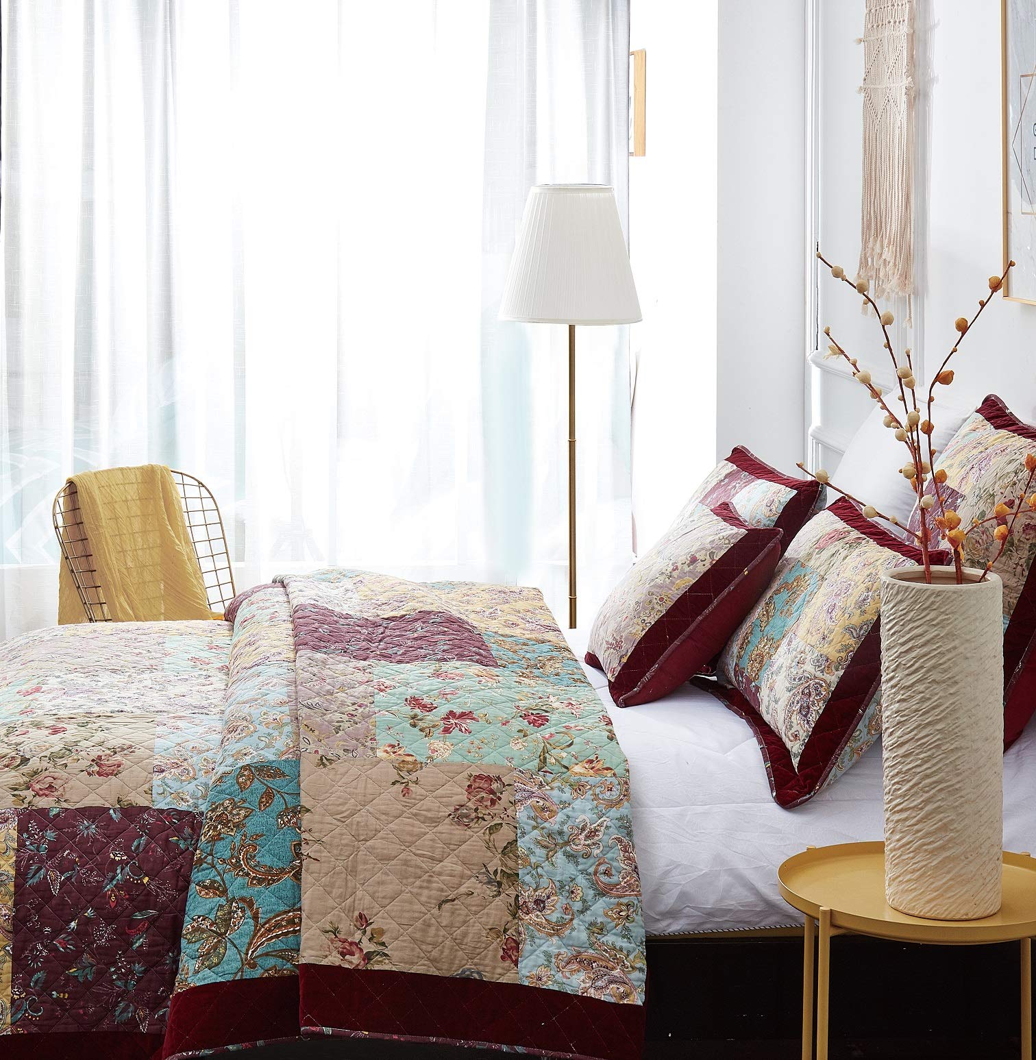 Bohemian Patchwork Bedspread - Burgundy Wine Velvety Trim Floral Paisley