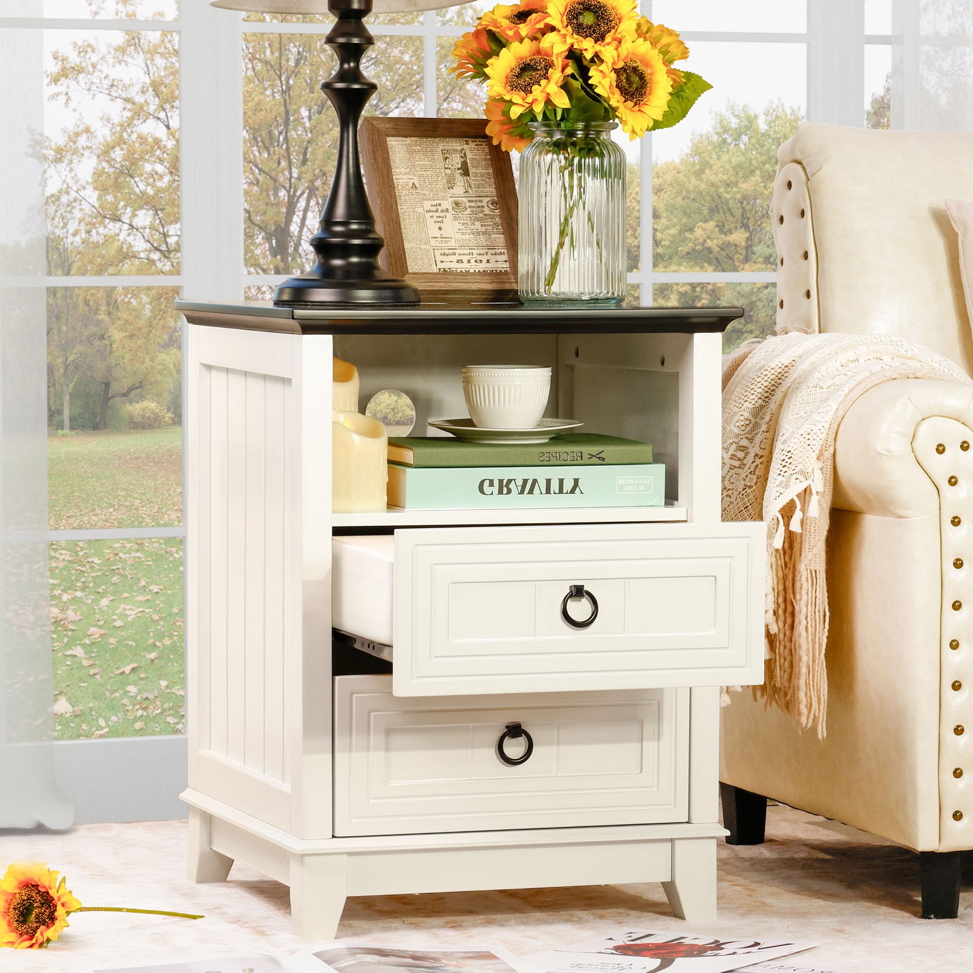Farmhouse Nightstand, 24" Wooden Couch Side Table with 2 Drawers & Open Shelf