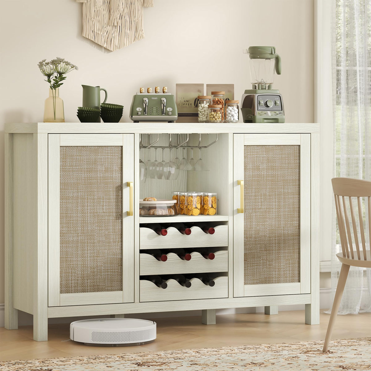 Rattan Sideboard Buffet Cabinet with Wine Rack & Glass Holders