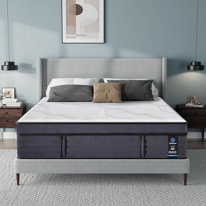 Queen Mattress, 15 Inch Fiberglass-Free Hybrid Charcoal Gel Memory Foam Mattress
