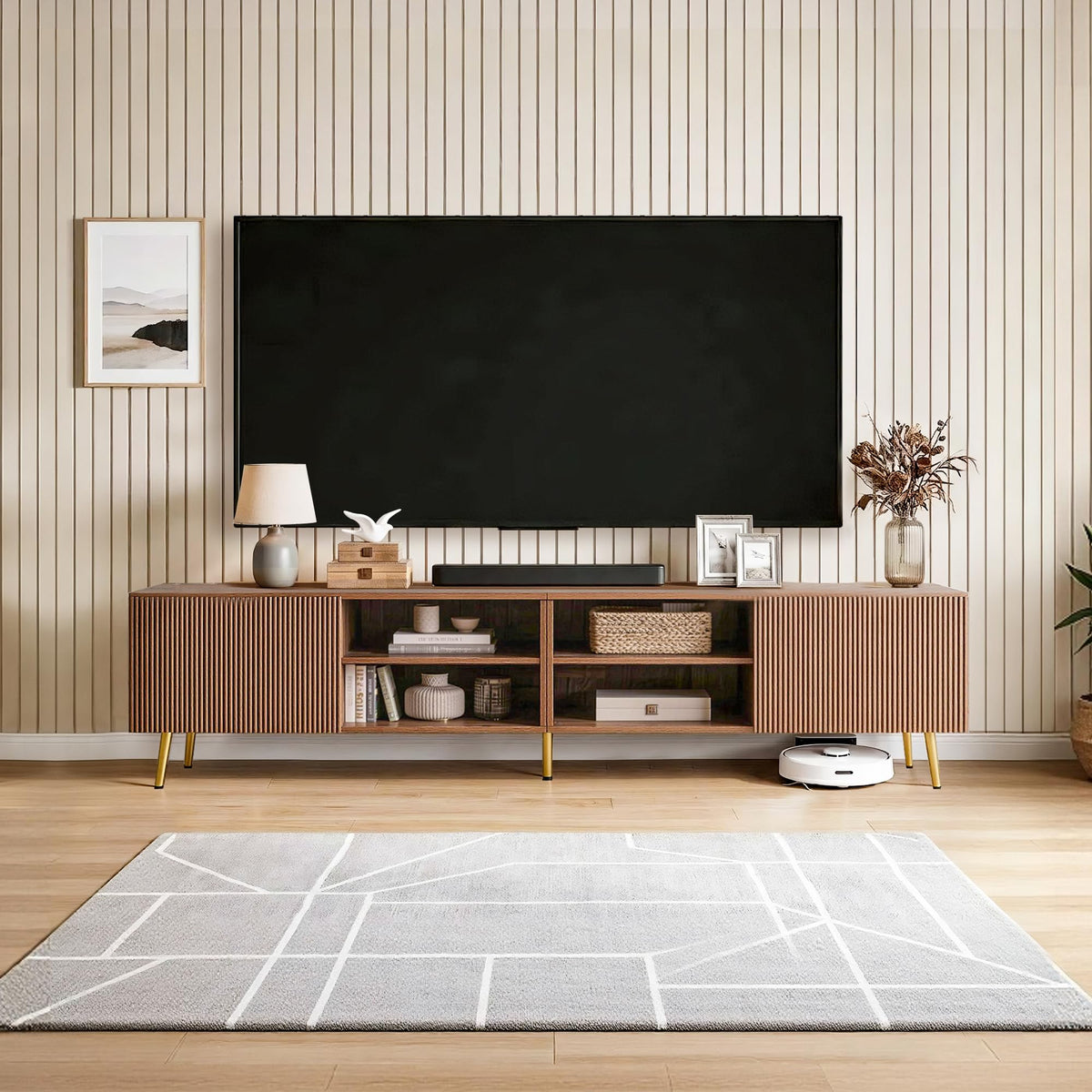 86" Wave-Door TV Stand with Storage & Adjustable Shelves