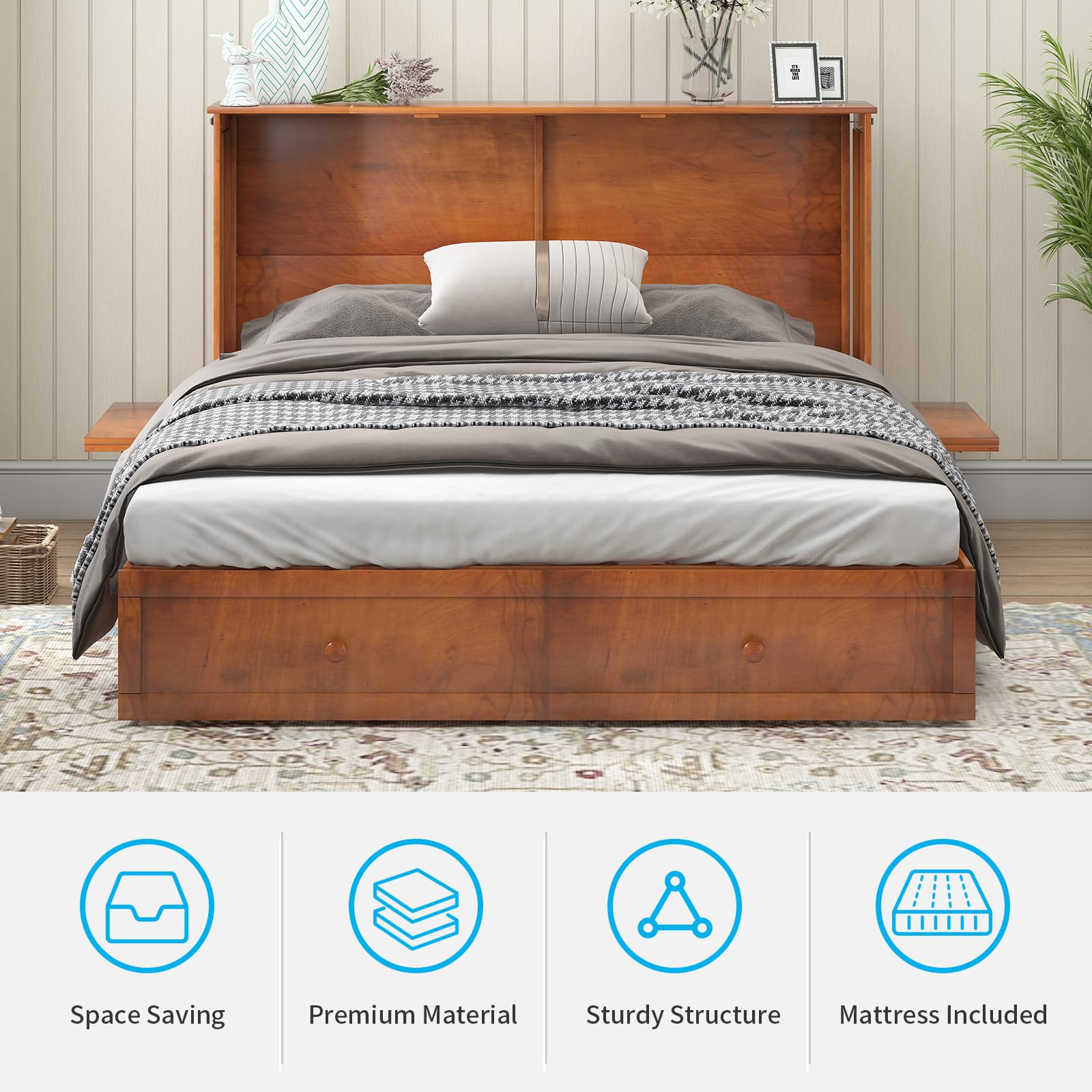 Murphy Bed Cabinet, Queen Size Cube Bed with Built-in USB Charging